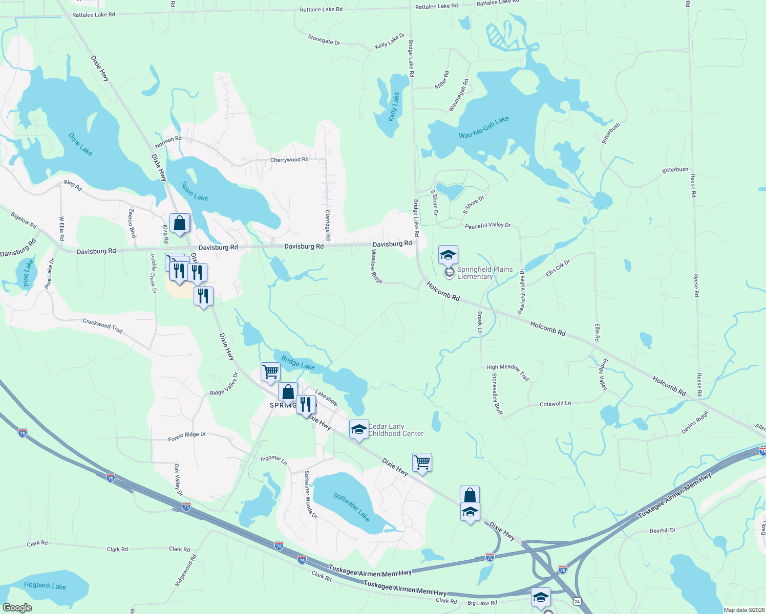 map of restaurants, bars, coffee shops, grocery stores, and more near 8047 Bridge Lake Rd in Clarkston