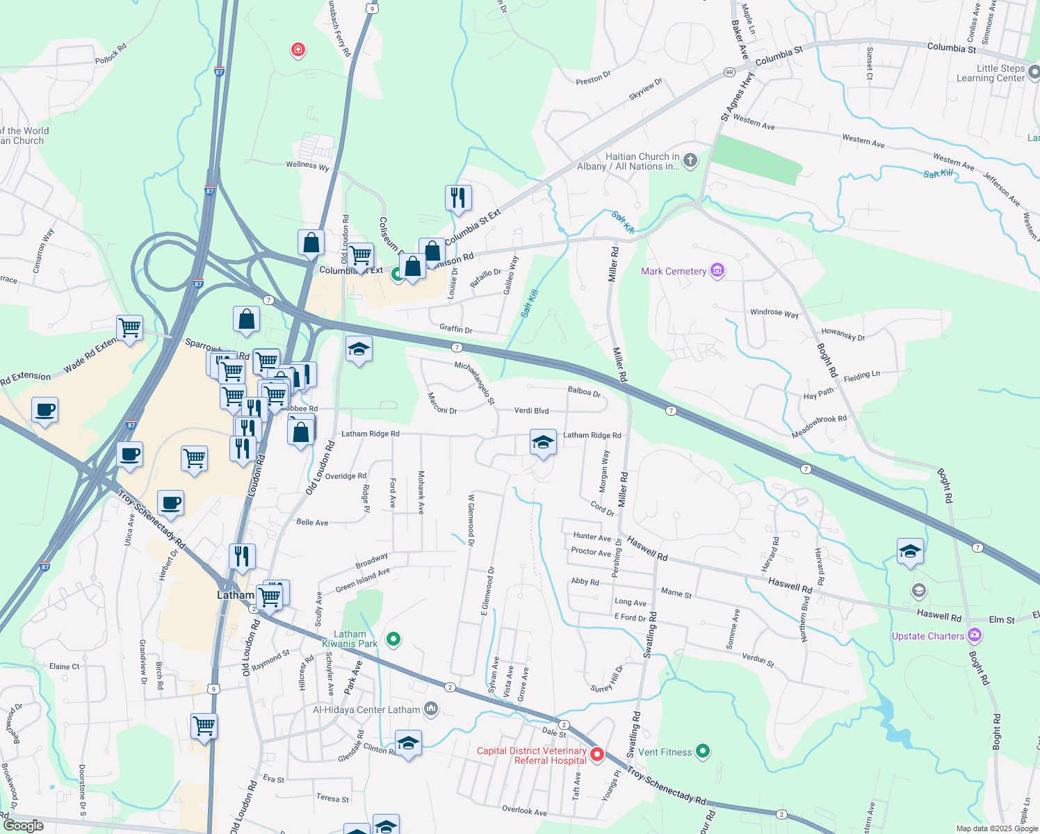 map of restaurants, bars, coffee shops, grocery stores, and more near 7 Verdi Boulevard in Latham