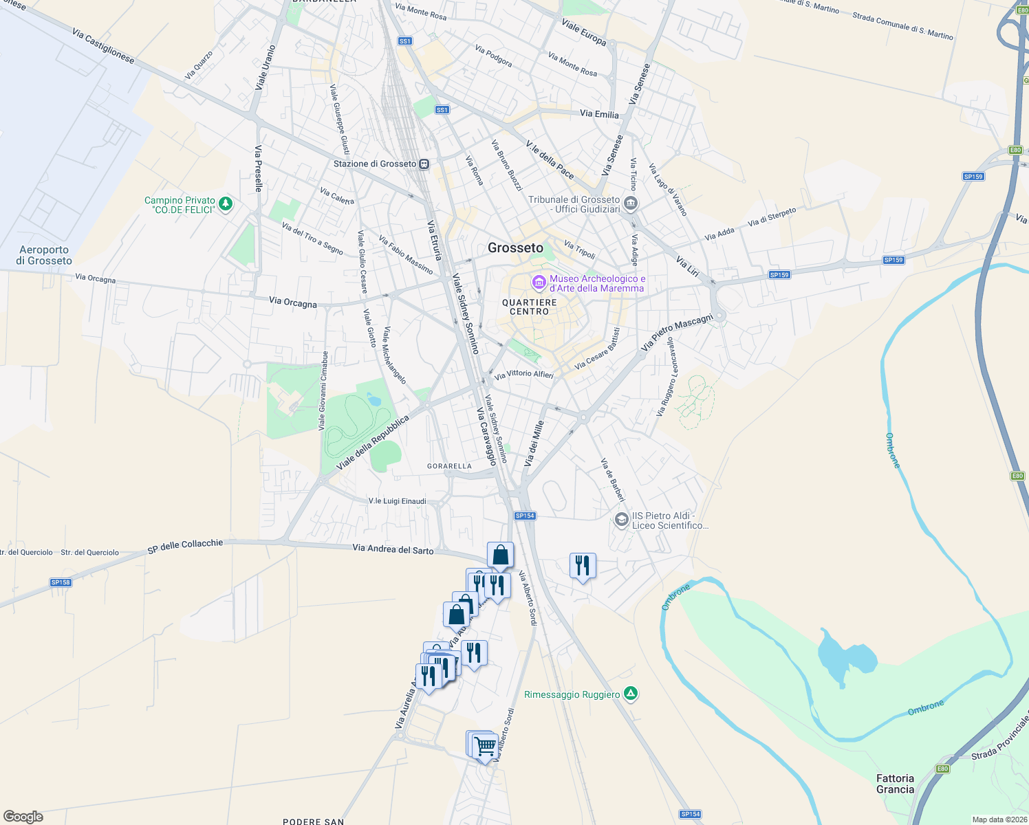 map of restaurants, bars, coffee shops, grocery stores, and more near 17 Via Martiri di Belfiore in Grosseto