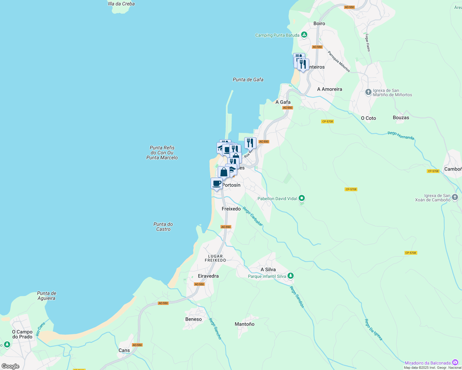 map of restaurants, bars, coffee shops, grocery stores, and more near 9 Aldea Portosín in Goians