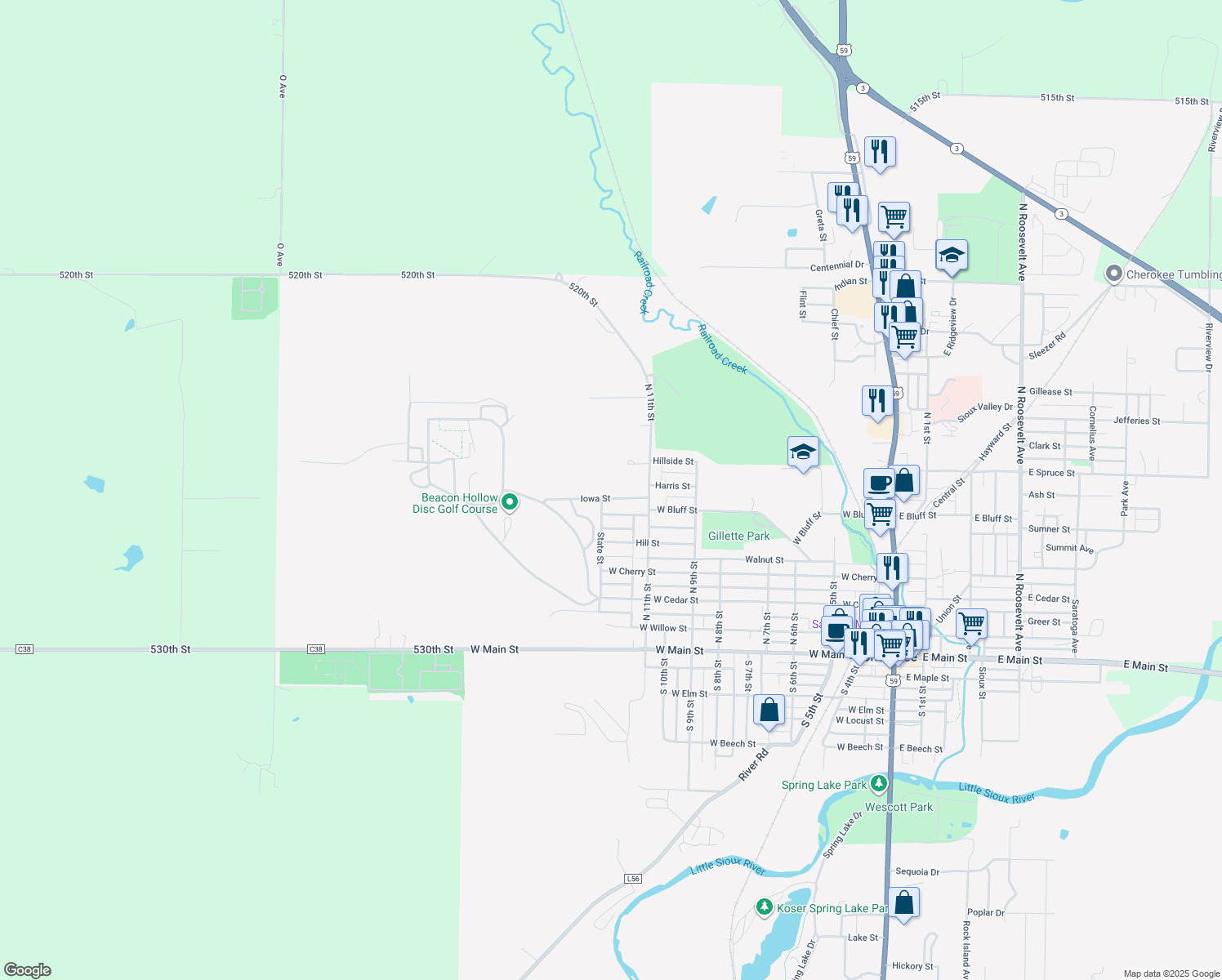 map of restaurants, bars, coffee shops, grocery stores, and more near 1118 Iowa Street in Cherokee