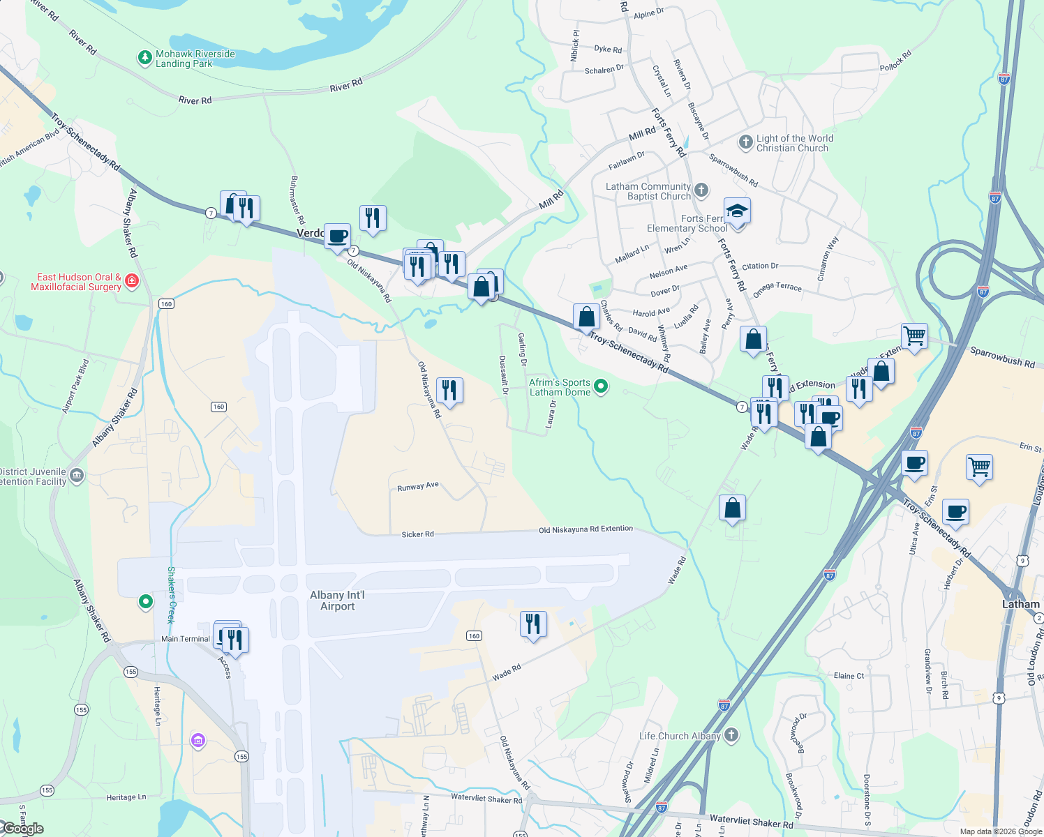 map of restaurants, bars, coffee shops, grocery stores, and more near 31 Garling Dr in Latham