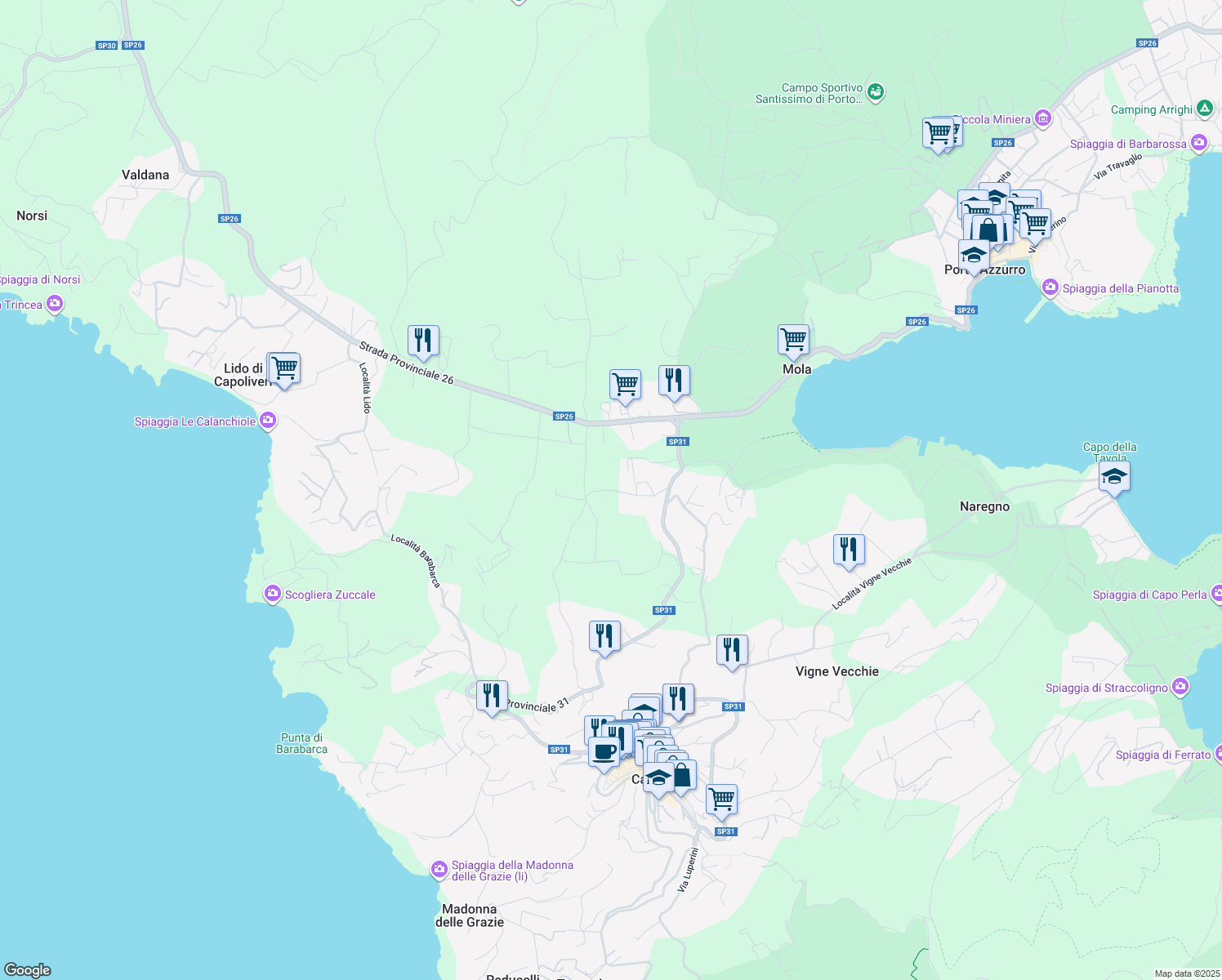 map of restaurants, bars, coffee shops, grocery stores, and more near 3B Via Bivio Mola Capoliveri in Mola