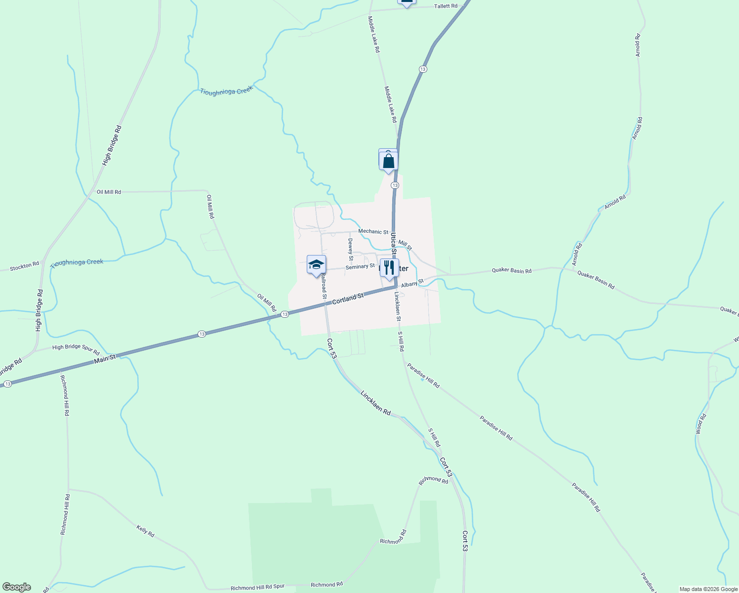 map of restaurants, bars, coffee shops, grocery stores, and more near 1654 Cortland Street in DeRuyter