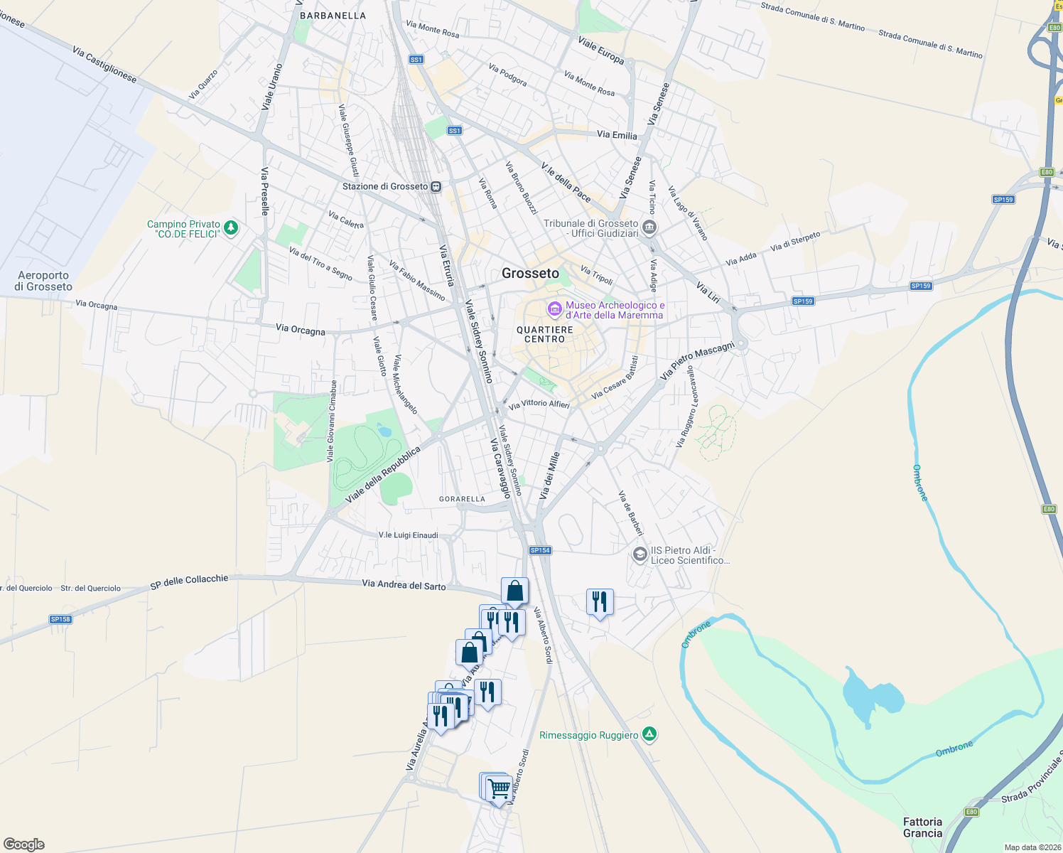 map of restaurants, bars, coffee shops, grocery stores, and more near 17 Via Martiri di Belfiore in Grosseto