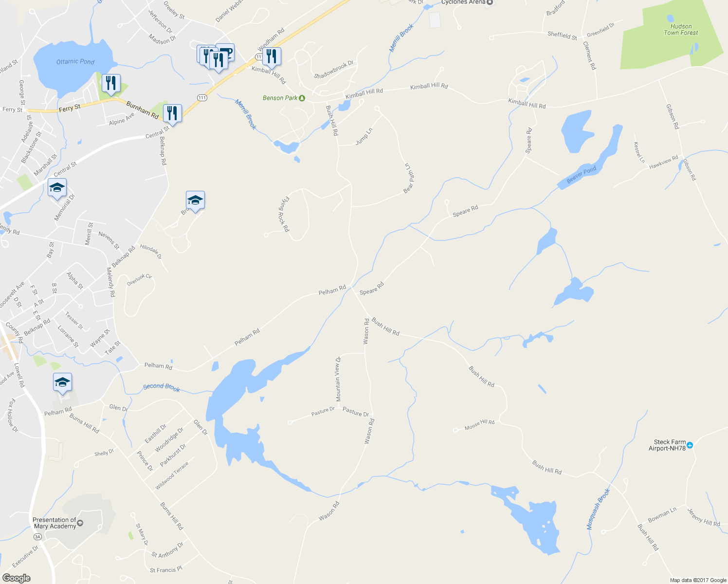 map of restaurants, bars, coffee shops, grocery stores, and more near 11 Speare Road in Hudson