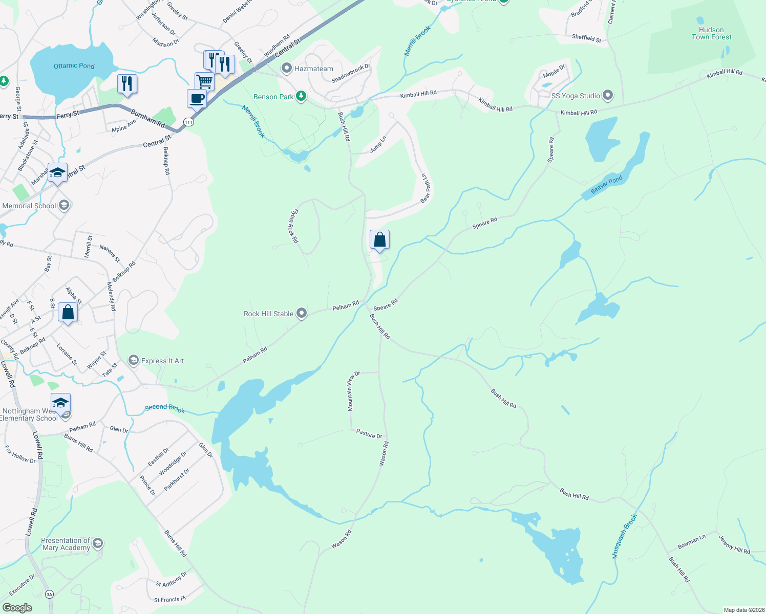 map of restaurants, bars, coffee shops, grocery stores, and more near 18 Speare Road in Hudson
