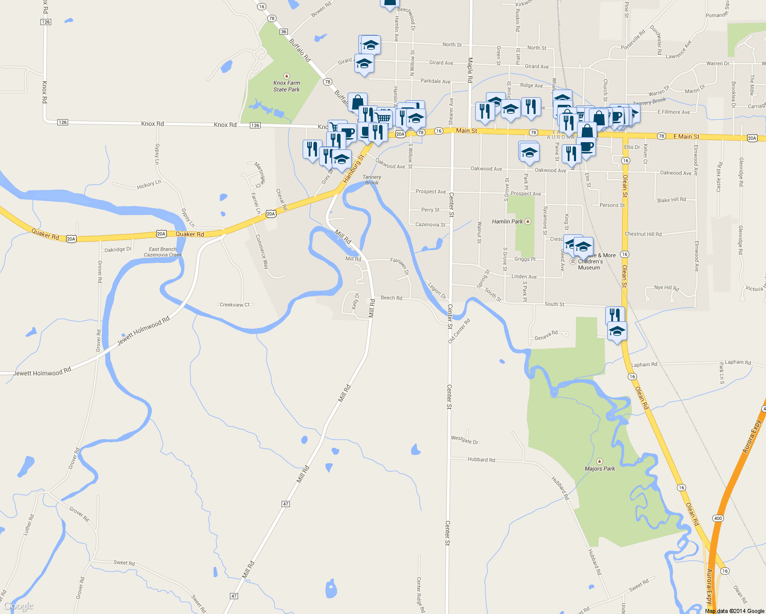 map of restaurants, bars, coffee shops, grocery stores, and more near 111 Beech Road in East Aurora