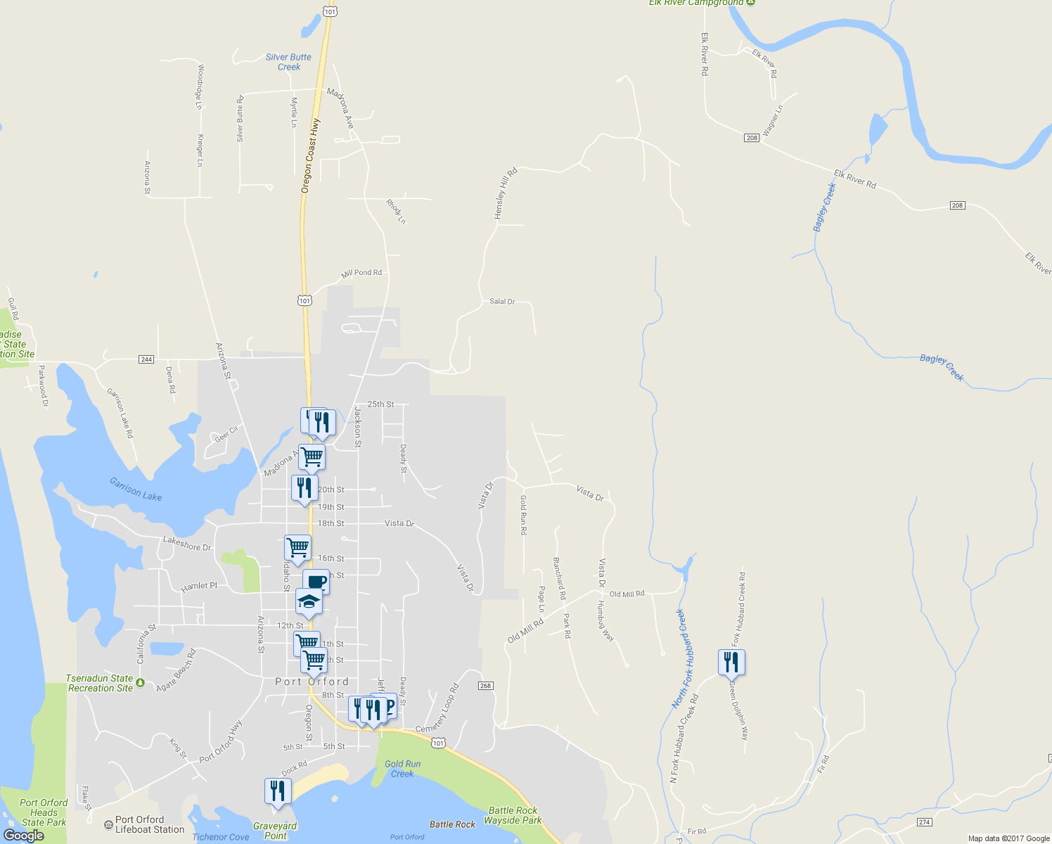 map of restaurants, bars, coffee shops, grocery stores, and more near 42260 Cedar Hollow Road in Port Orford