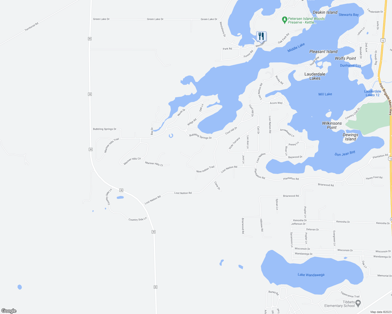 map of restaurants, bars, coffee shops, grocery stores, and more near N7354 Nine Indian Trail in Elkhorn