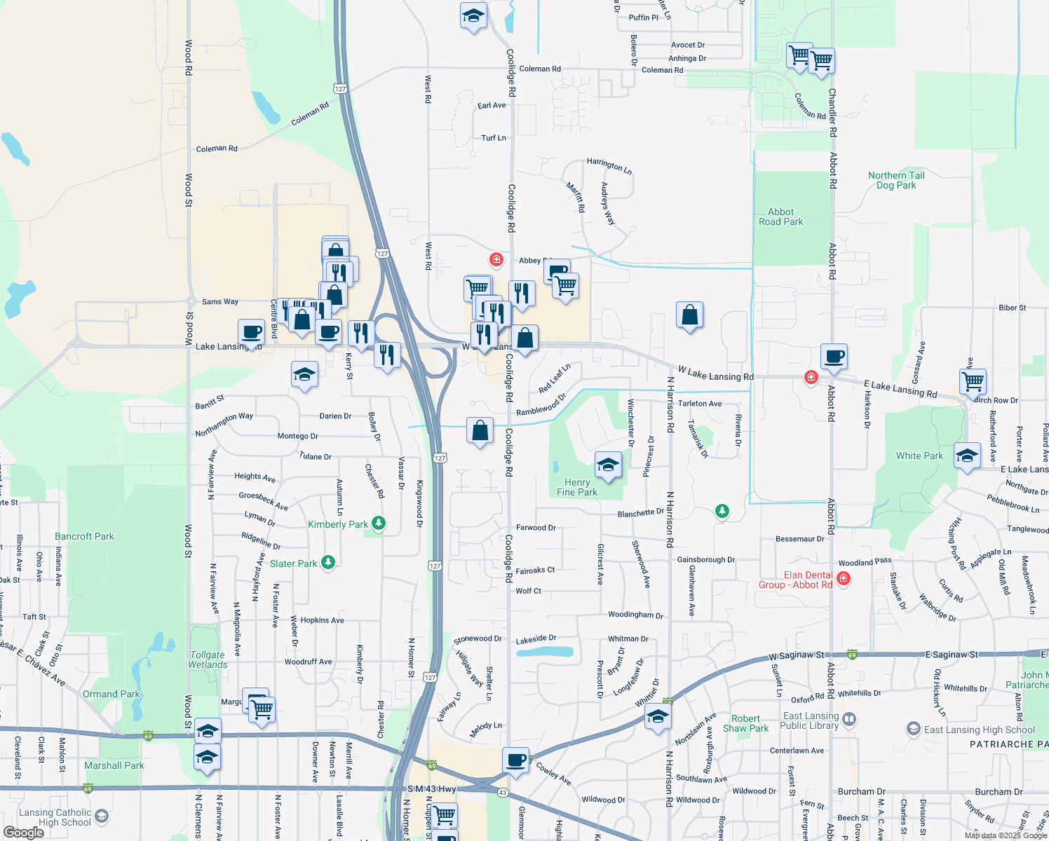 map of restaurants, bars, coffee shops, grocery stores, and more near 1429 Ramblewood Dr in East Lansing