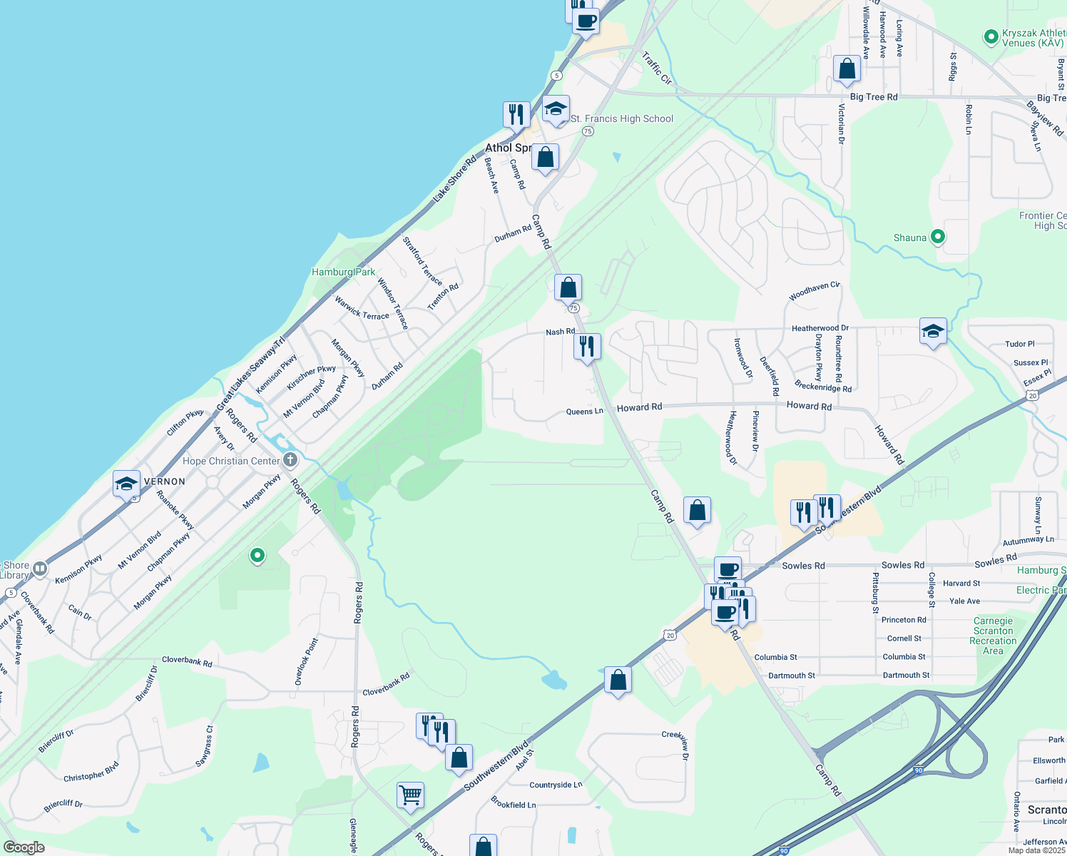 map of restaurants, bars, coffee shops, grocery stores, and more near 3295 Queens Lane in Hamburg