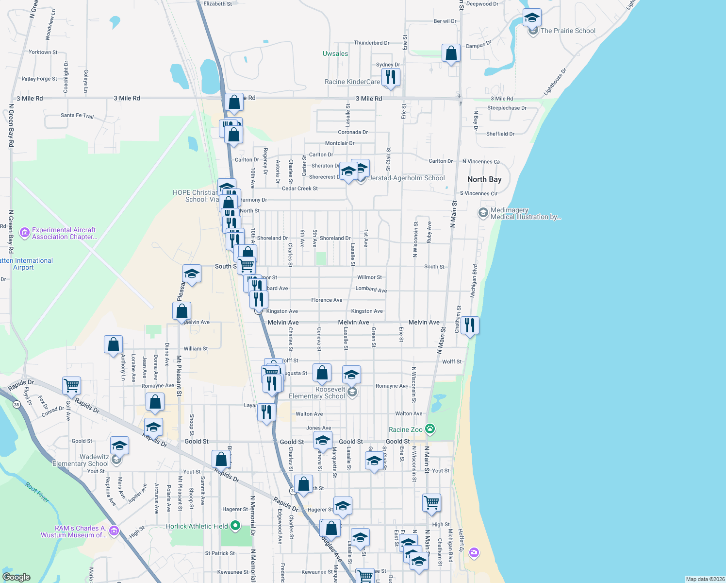 map of restaurants, bars, coffee shops, grocery stores, and more near 815 Lombard Avenue in Racine