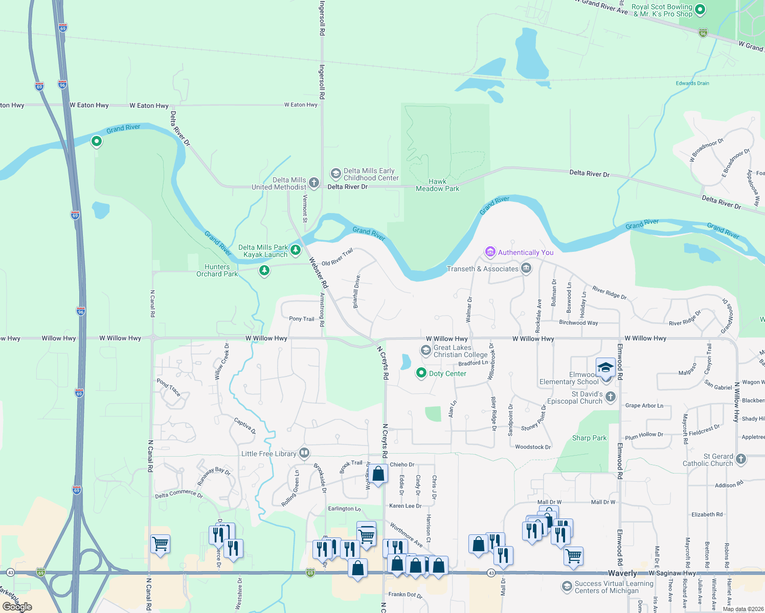 map of restaurants, bars, coffee shops, grocery stores, and more near 2222 Piney Point Drive in Lansing