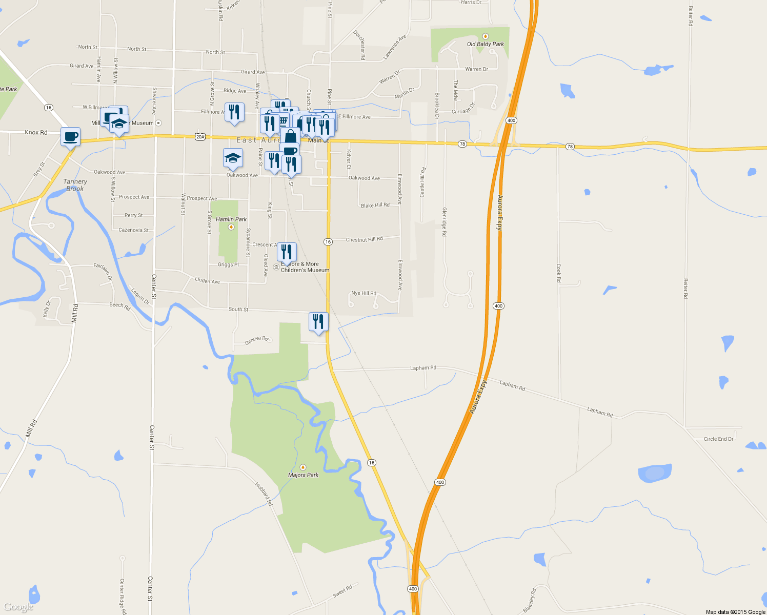 map of restaurants, bars, coffee shops, grocery stores, and more near 4 Ravine Court in East Aurora