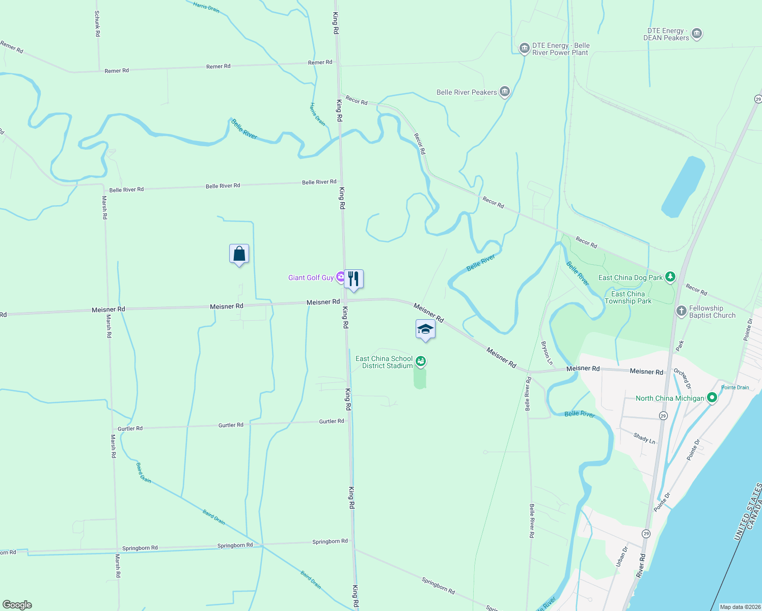 map of restaurants, bars, coffee shops, grocery stores, and more near 4945 Meisner Road in China Township