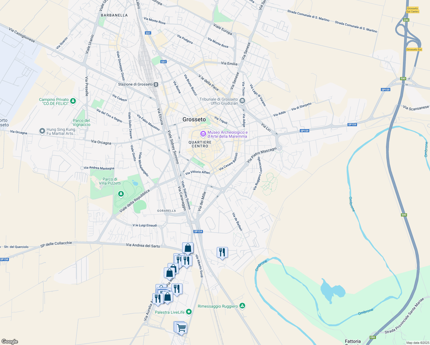map of restaurants, bars, coffee shops, grocery stores, and more near 6 Via Cesare Battisti in Grosseto