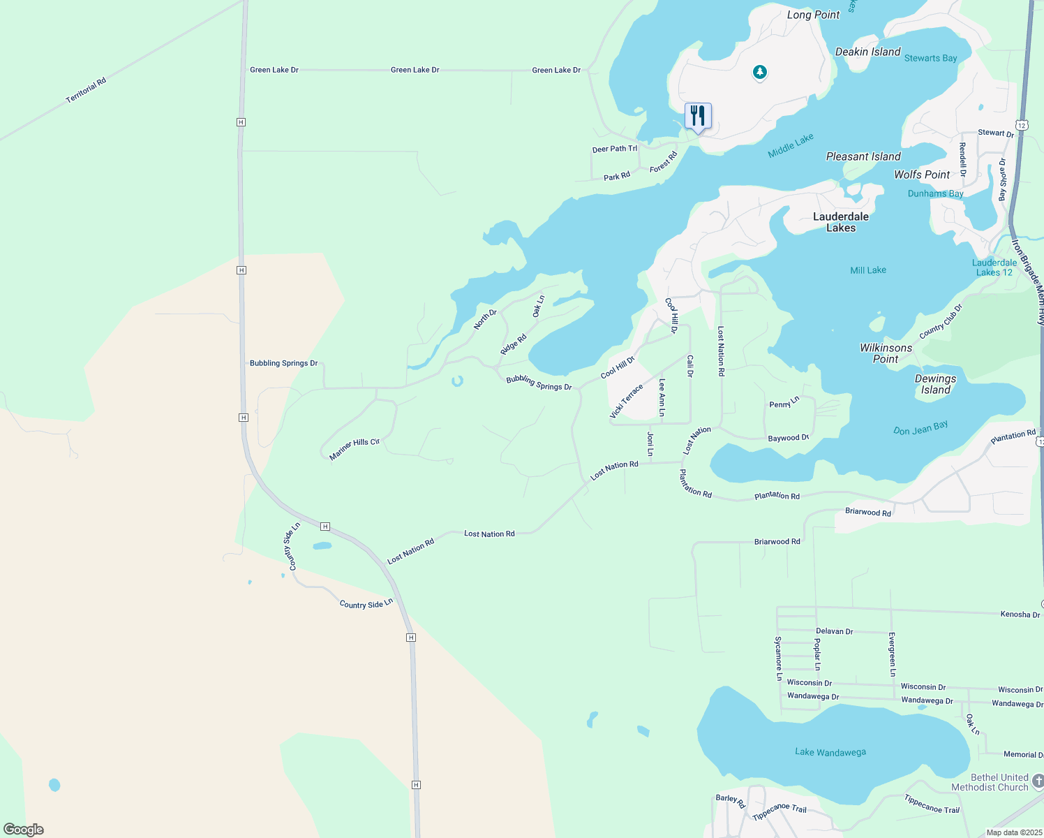map of restaurants, bars, coffee shops, grocery stores, and more near N7354 Nine Indian Trail in Elkhorn