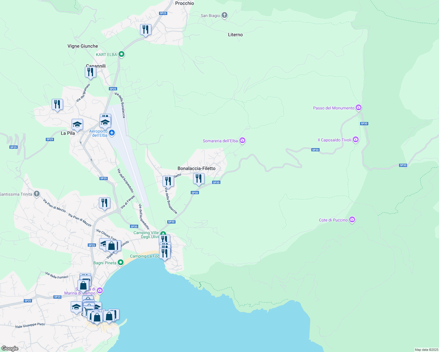 map of restaurants, bars, coffee shops, grocery stores, and more near 883 Via Filetto in Bonalaccia-filetto