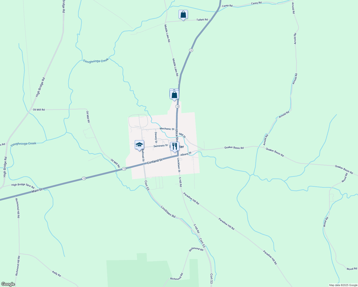 map of restaurants, bars, coffee shops, grocery stores, and more near 730 Utica Street in DeRuyter