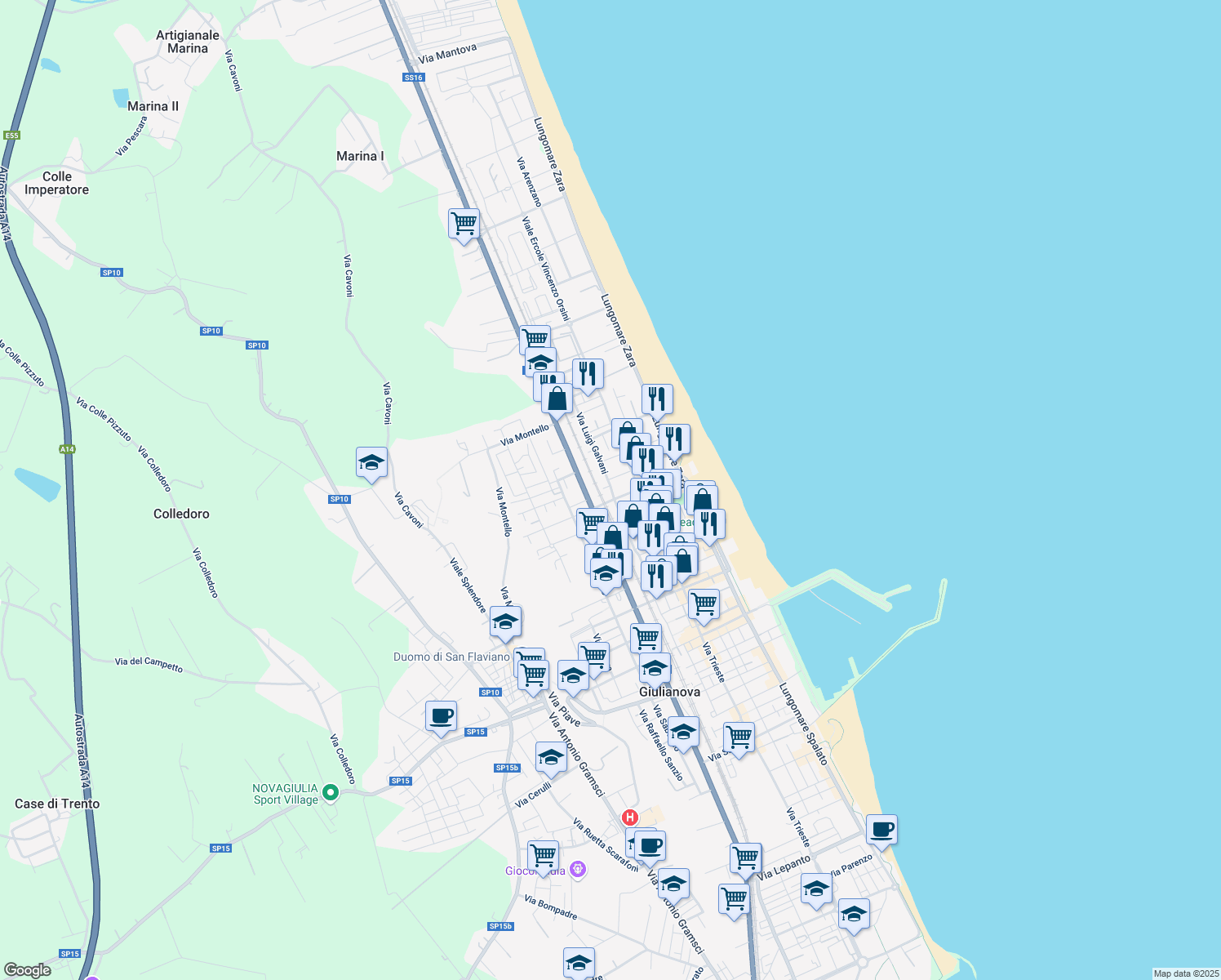 map of restaurants, bars, coffee shops, grocery stores, and more near 7 Via Luigi Galvani in Giulianova