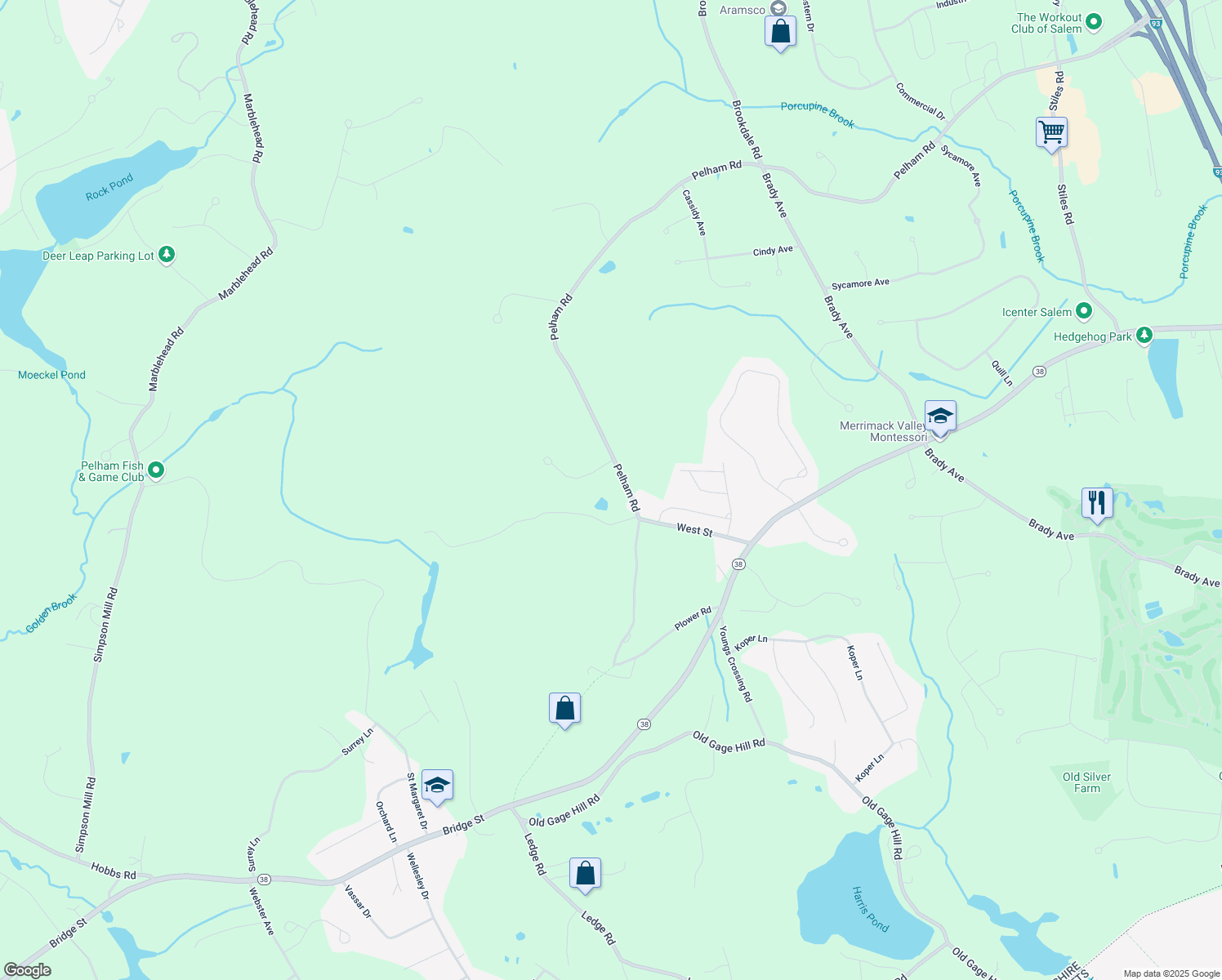 map of restaurants, bars, coffee shops, grocery stores, and more near 168 Pelham Road in Salem