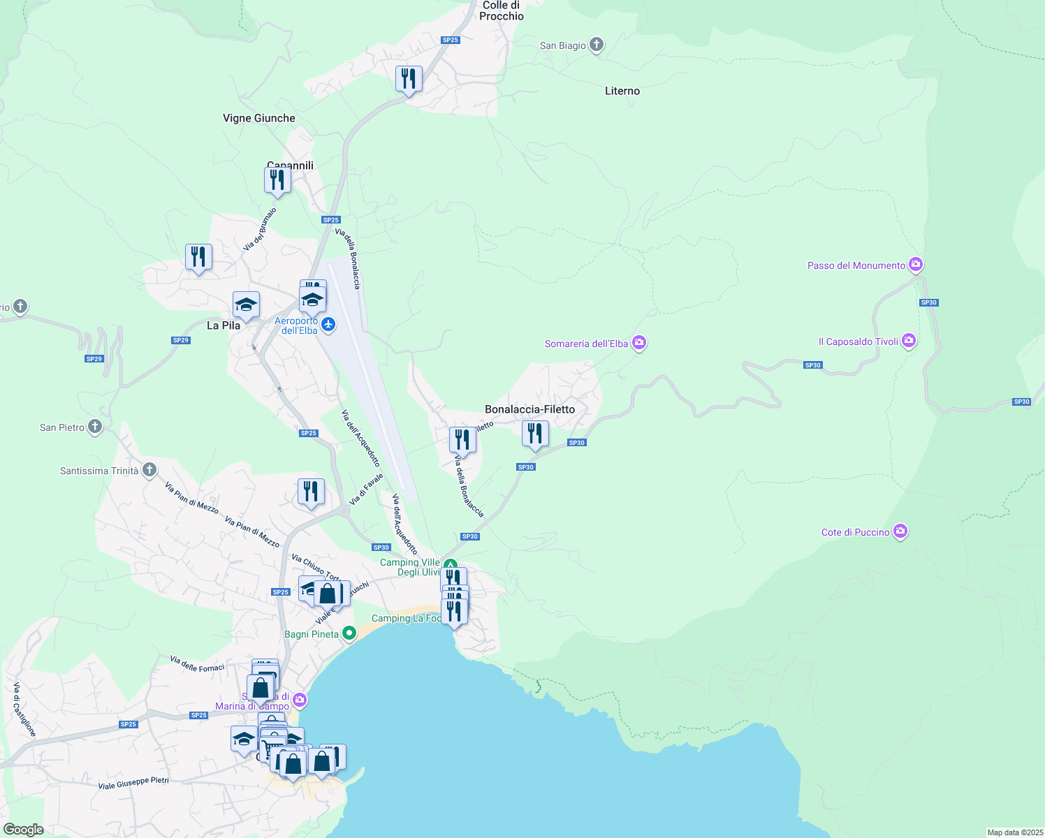 map of restaurants, bars, coffee shops, grocery stores, and more near 391 Via Filetto in Bonalaccia-filetto