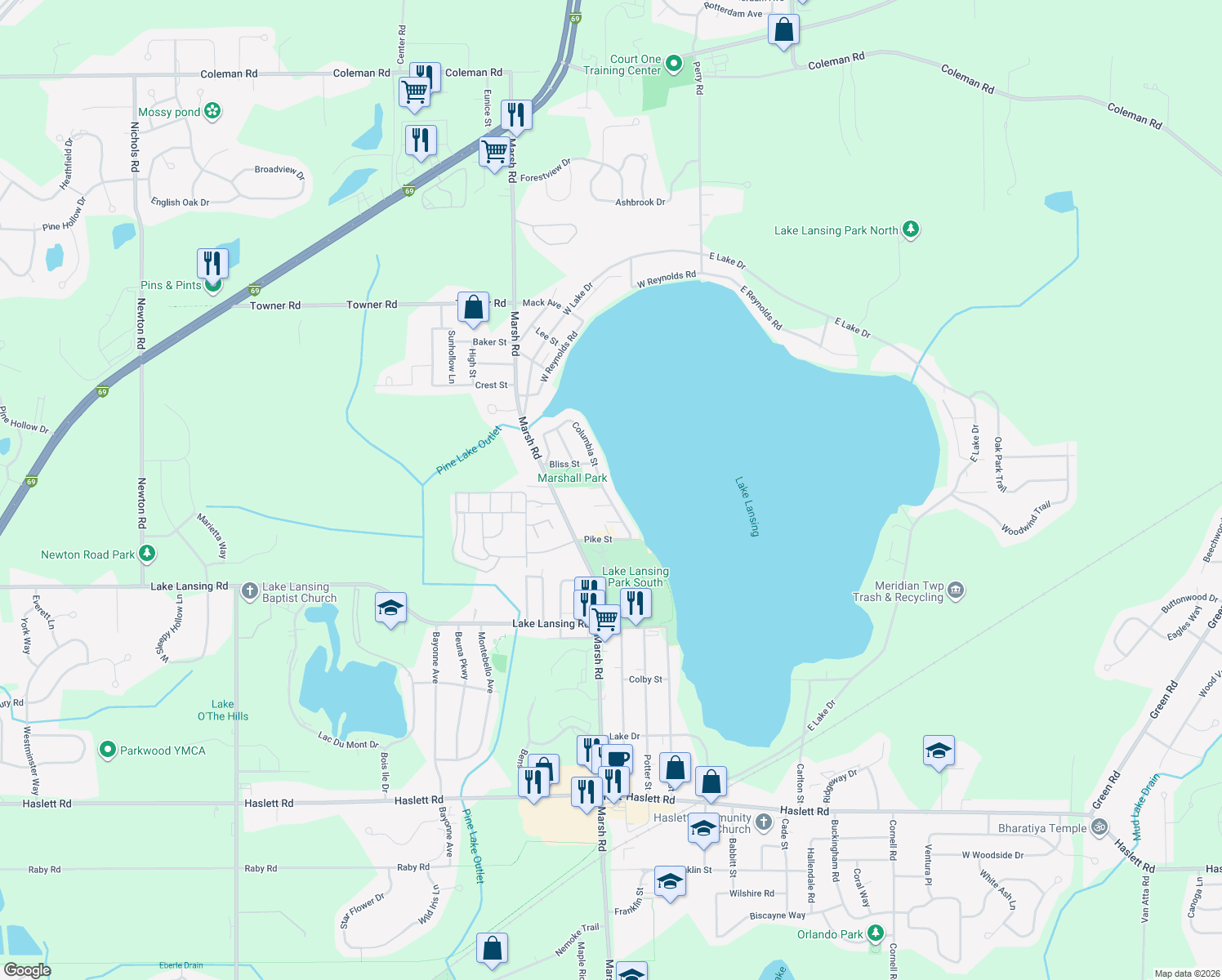 map of restaurants, bars, coffee shops, grocery stores, and more near 6102 Columbia Street in Haslett