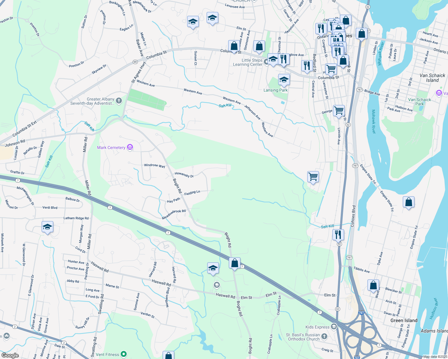map of restaurants, bars, coffee shops, grocery stores, and more near 3 Tail Feather Court in Watervliet