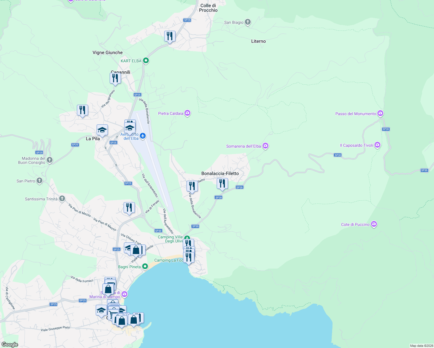 map of restaurants, bars, coffee shops, grocery stores, and more near 391 Via Filetto in Bonalaccia-filetto