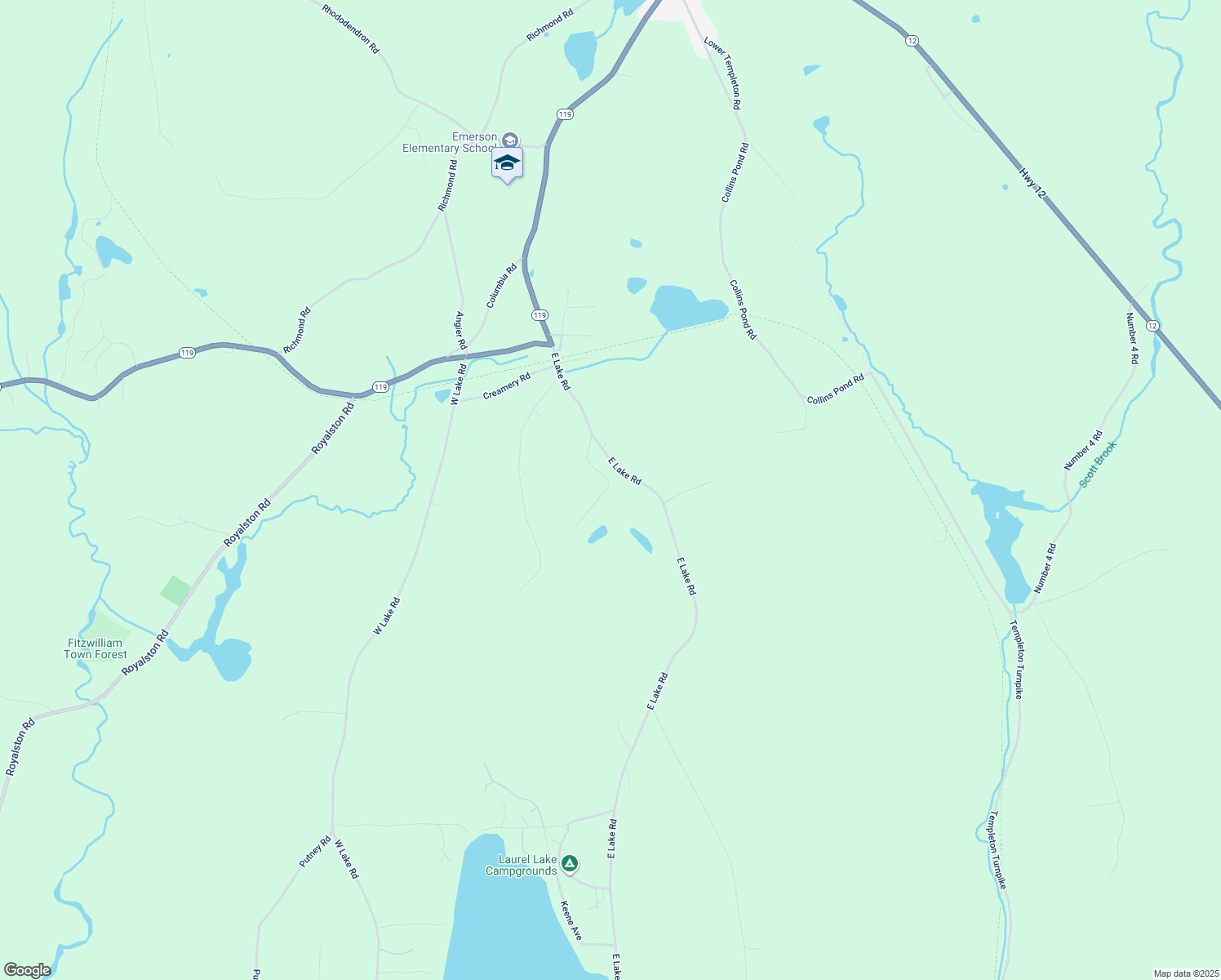 map of restaurants, bars, coffee shops, grocery stores, and more near East Lake Road in Fitzwilliam