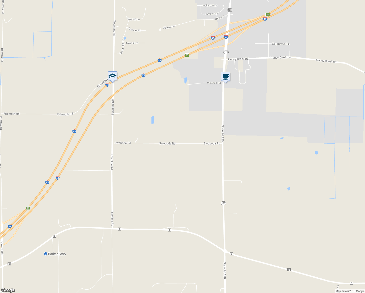 map of restaurants, bars, coffee shops, grocery stores, and more near W2245 Swoboda Road in East Troy