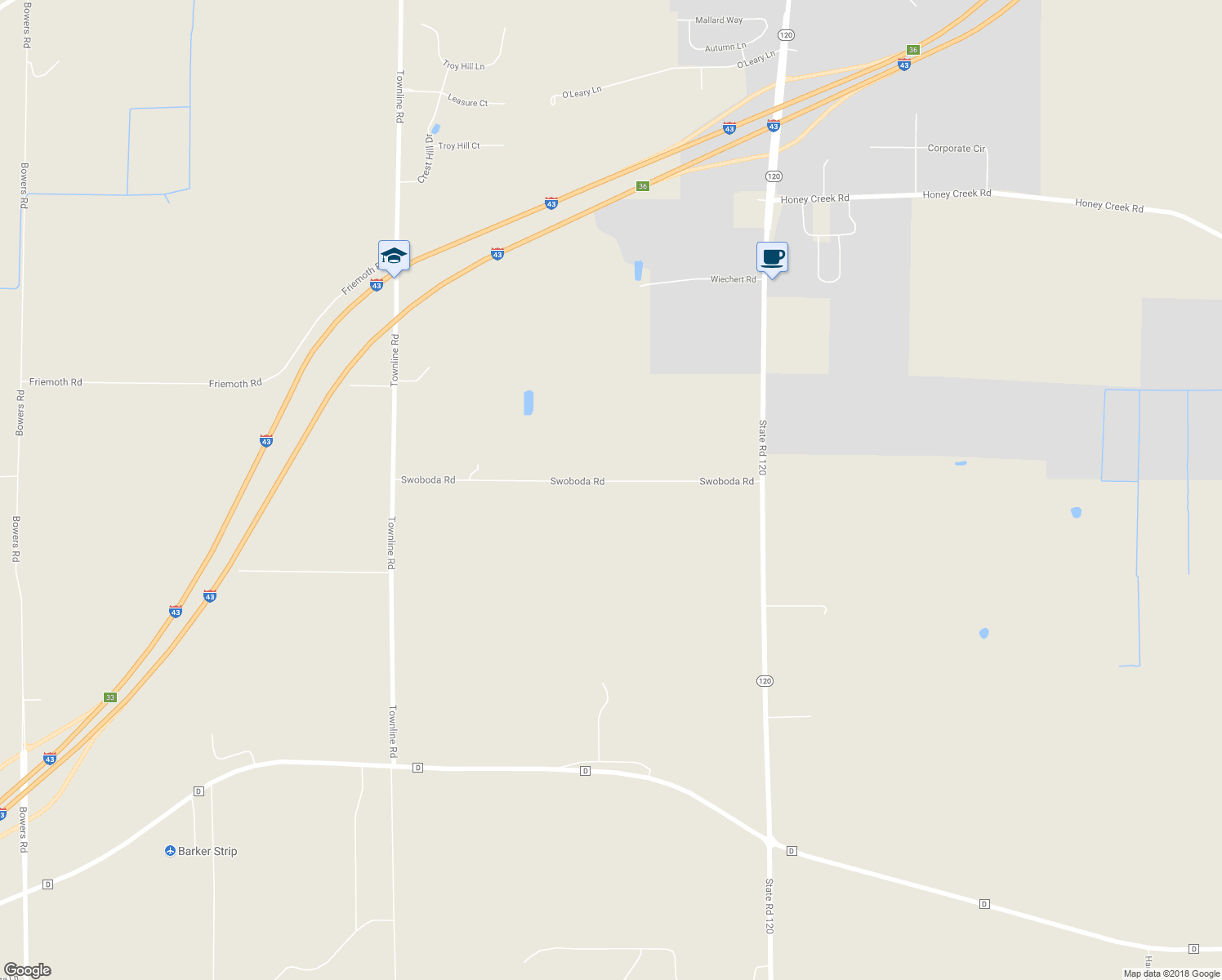 map of restaurants, bars, coffee shops, grocery stores, and more near W2261 Swoboda Road in East Troy