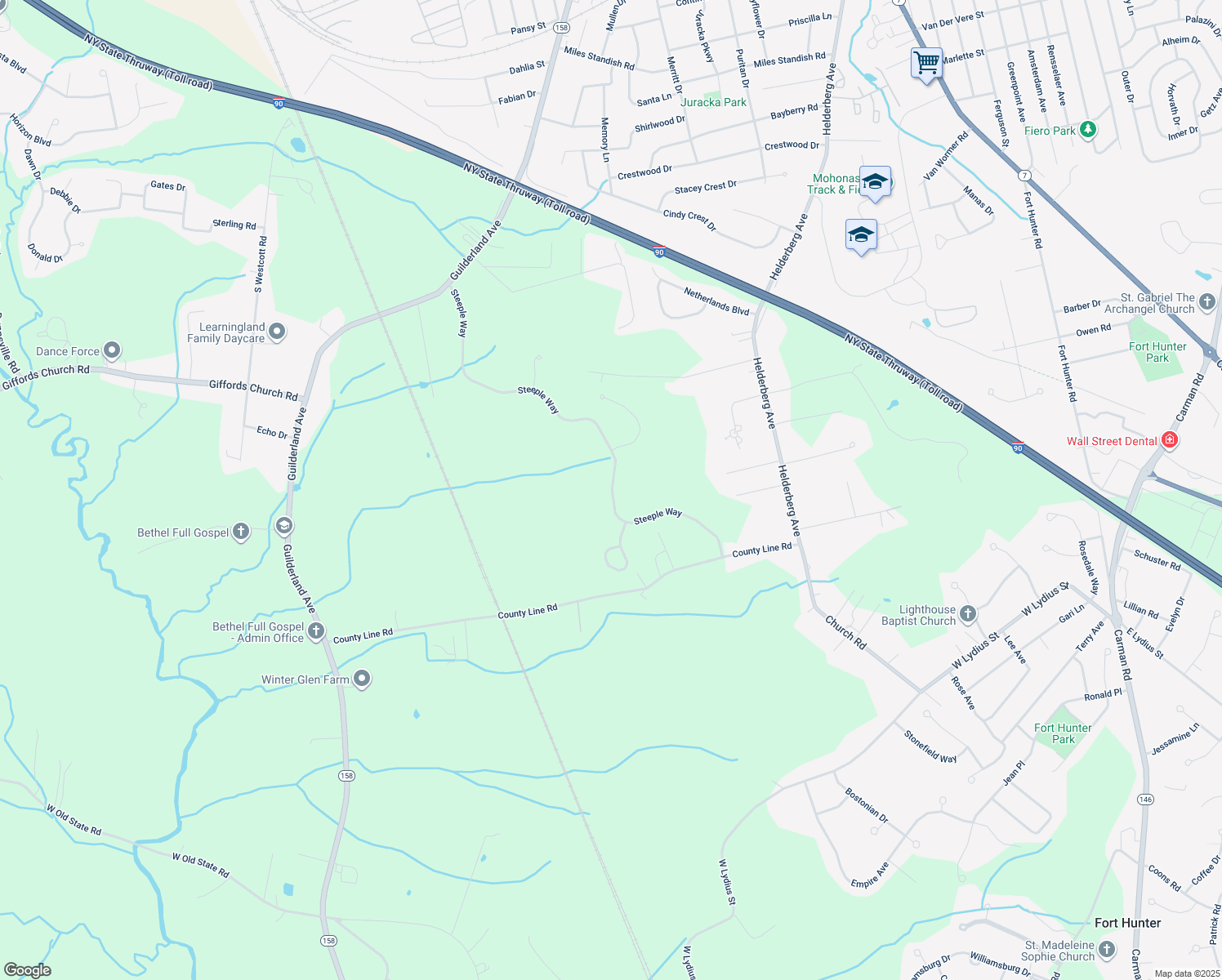 map of restaurants, bars, coffee shops, grocery stores, and more near 410 Steeple Way in Schenectady