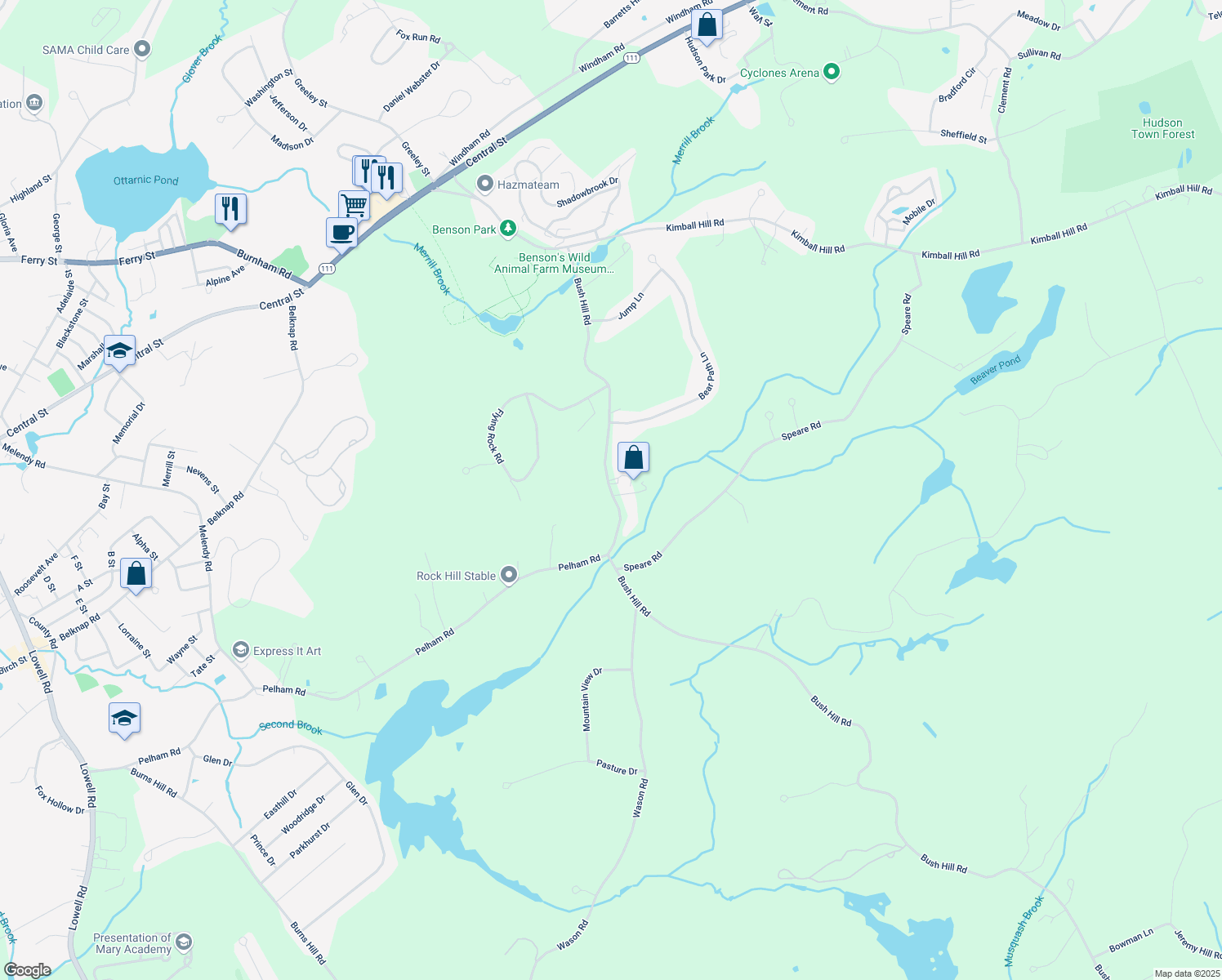 map of restaurants, bars, coffee shops, grocery stores, and more near 42 Bush Hill Road in Hudson