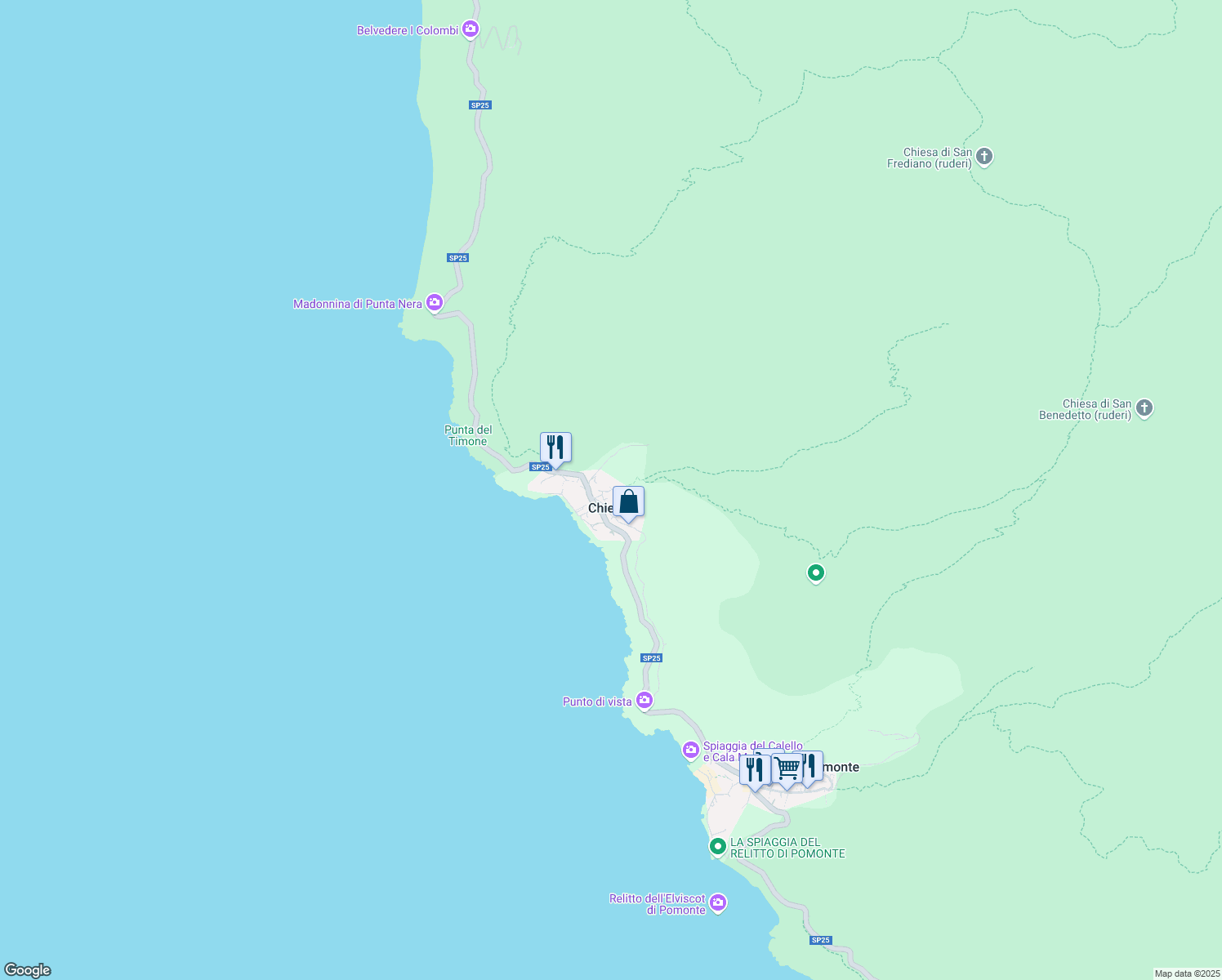 map of restaurants, bars, coffee shops, grocery stores, and more near 14 Via Salita in Chiessi