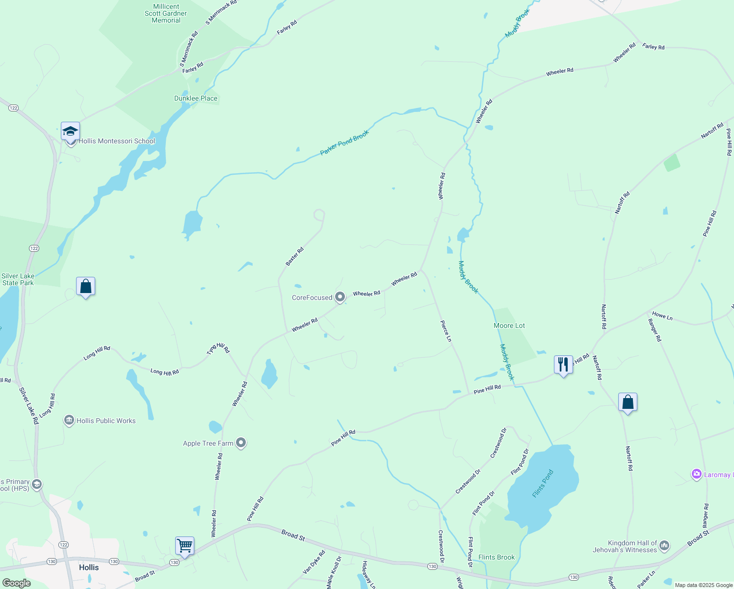 map of restaurants, bars, coffee shops, grocery stores, and more near 152 Wheeler Road in Hollis