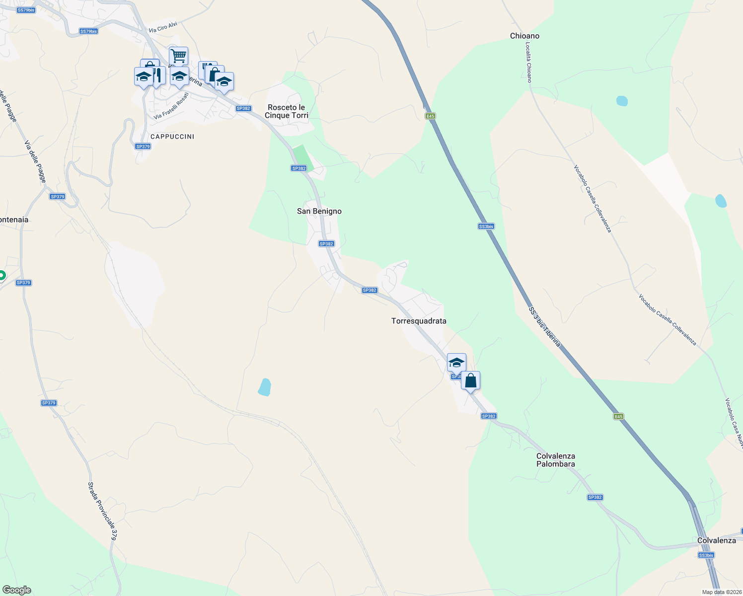 map of restaurants, bars, coffee shops, grocery stores, and more near Via Crocifisso in Torresquadrata