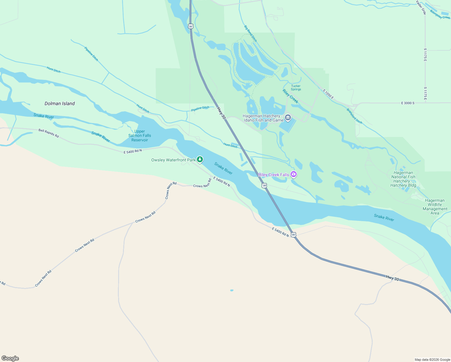map of restaurants, bars, coffee shops, grocery stores, and more near 62 Bell Rapids Road in Hagerman