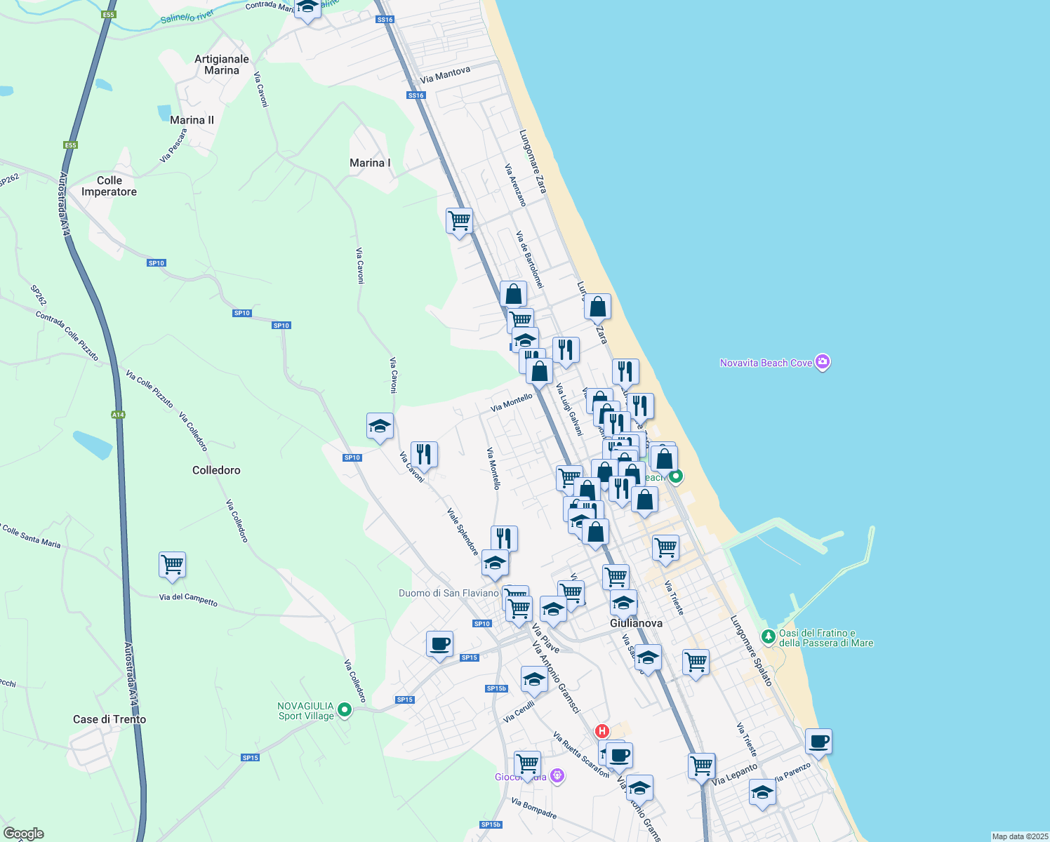 map of restaurants, bars, coffee shops, grocery stores, and more near 16 Via Monte Santo in Giulianova