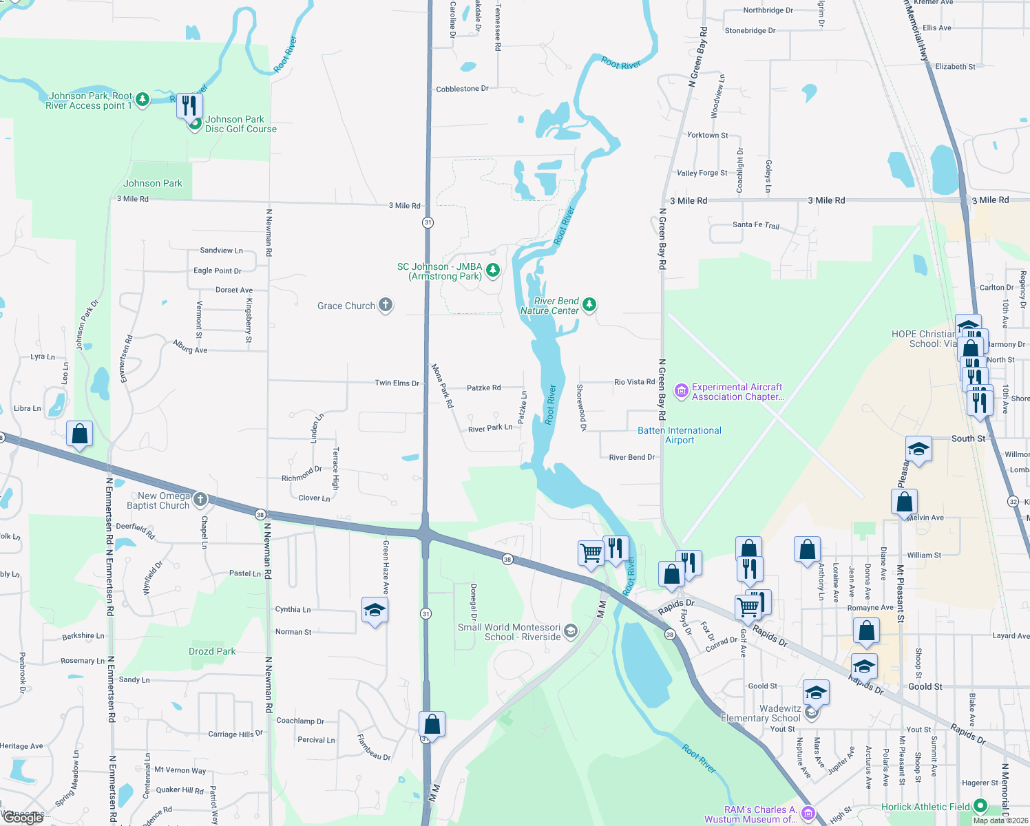 map of restaurants, bars, coffee shops, grocery stores, and more near 3322 Patzke Lane in Racine