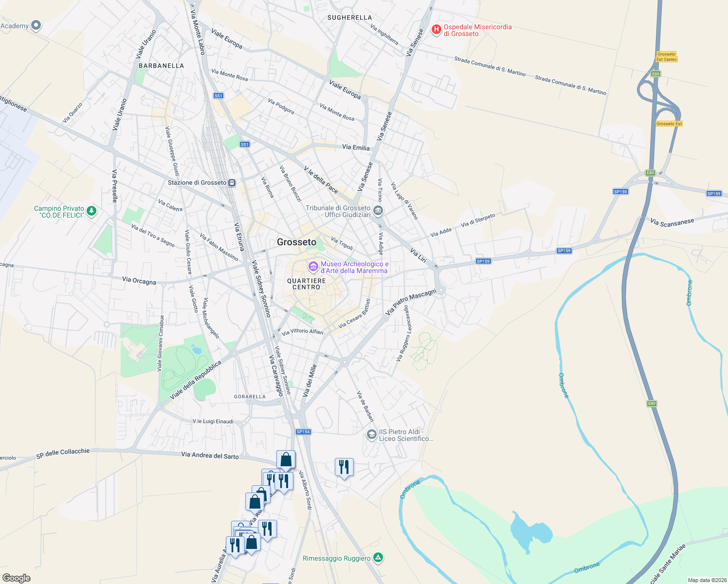map of restaurants, bars, coffee shops, grocery stores, and more near 16 Viale Vittorio Fossombroni in Grosseto