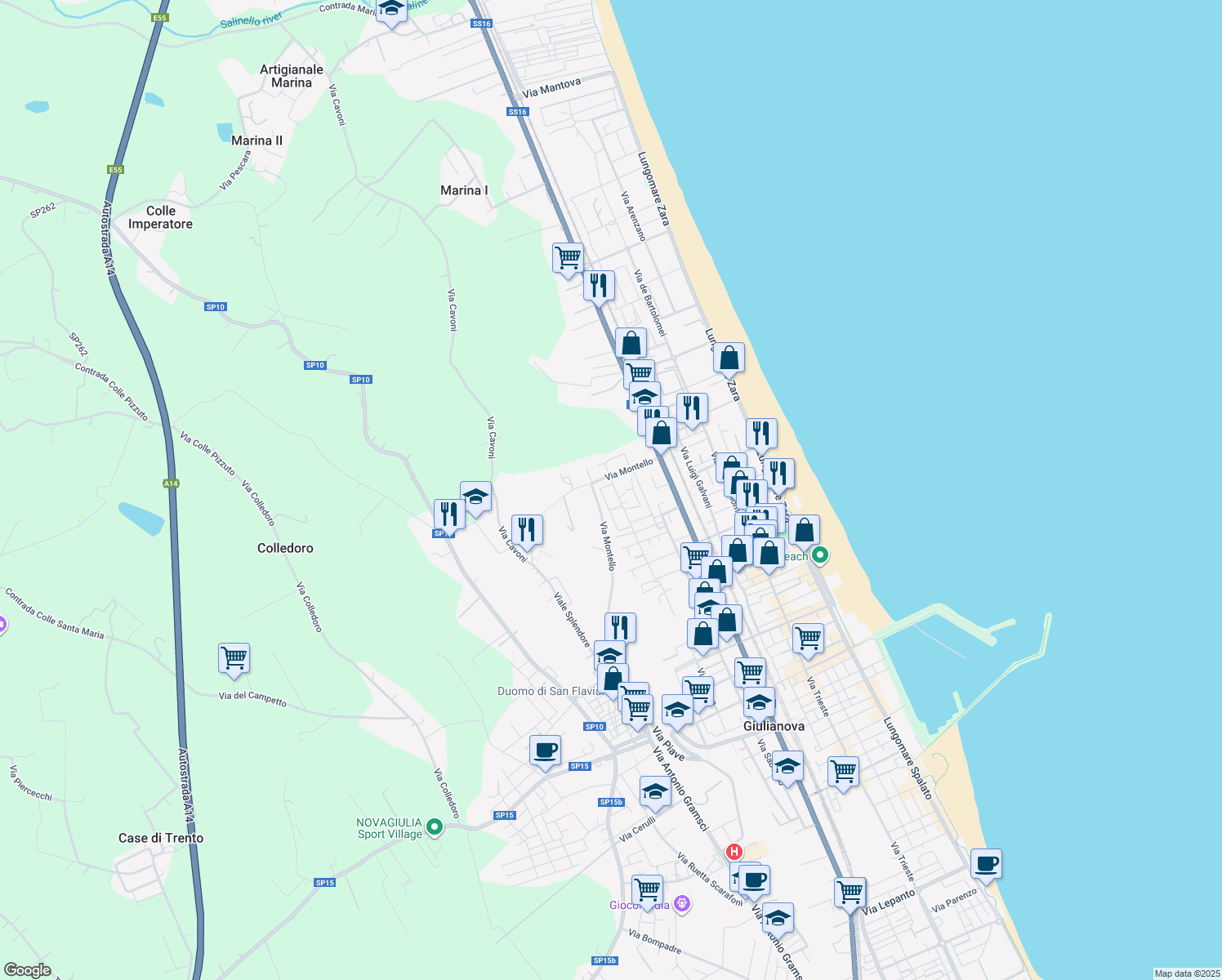 map of restaurants, bars, coffee shops, grocery stores, and more near 39 Via Montello in Giulianova