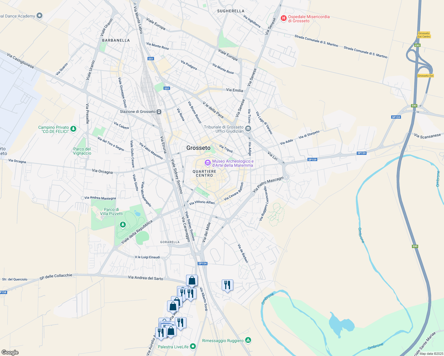 map of restaurants, bars, coffee shops, grocery stores, and more near 42 Via Unione Sovietica in Grosseto