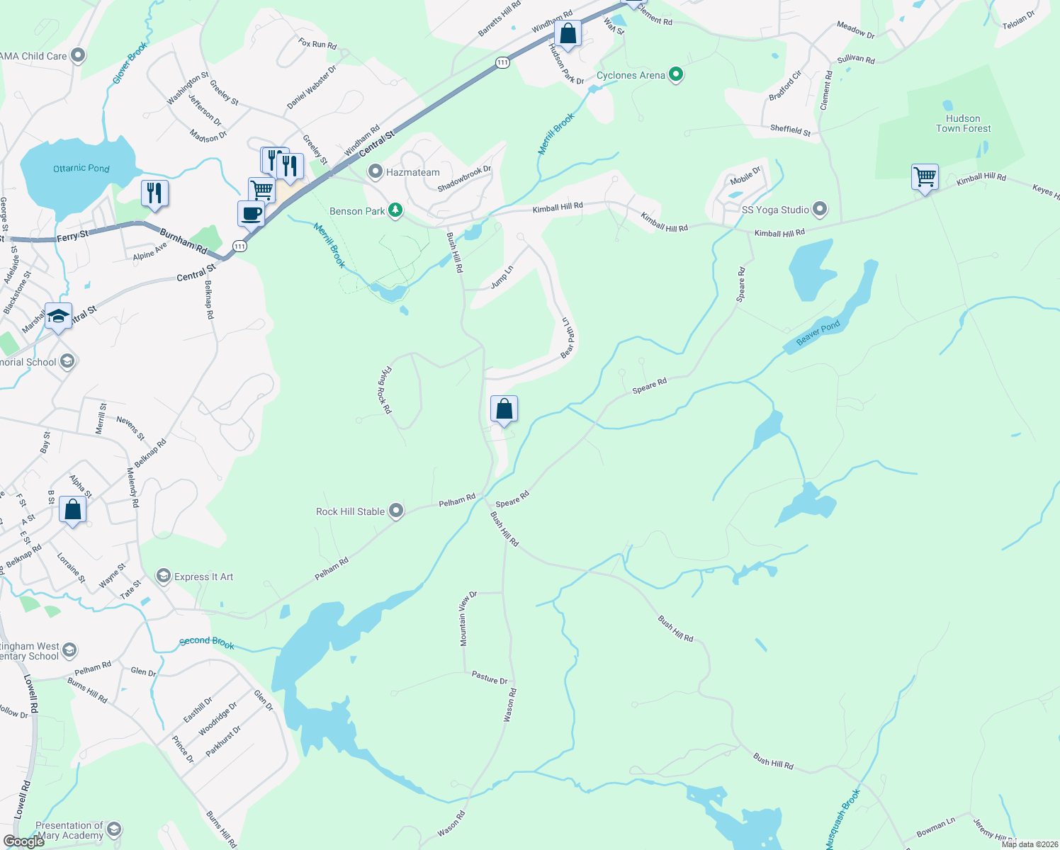map of restaurants, bars, coffee shops, grocery stores, and more near 18 Speare Road in Hudson