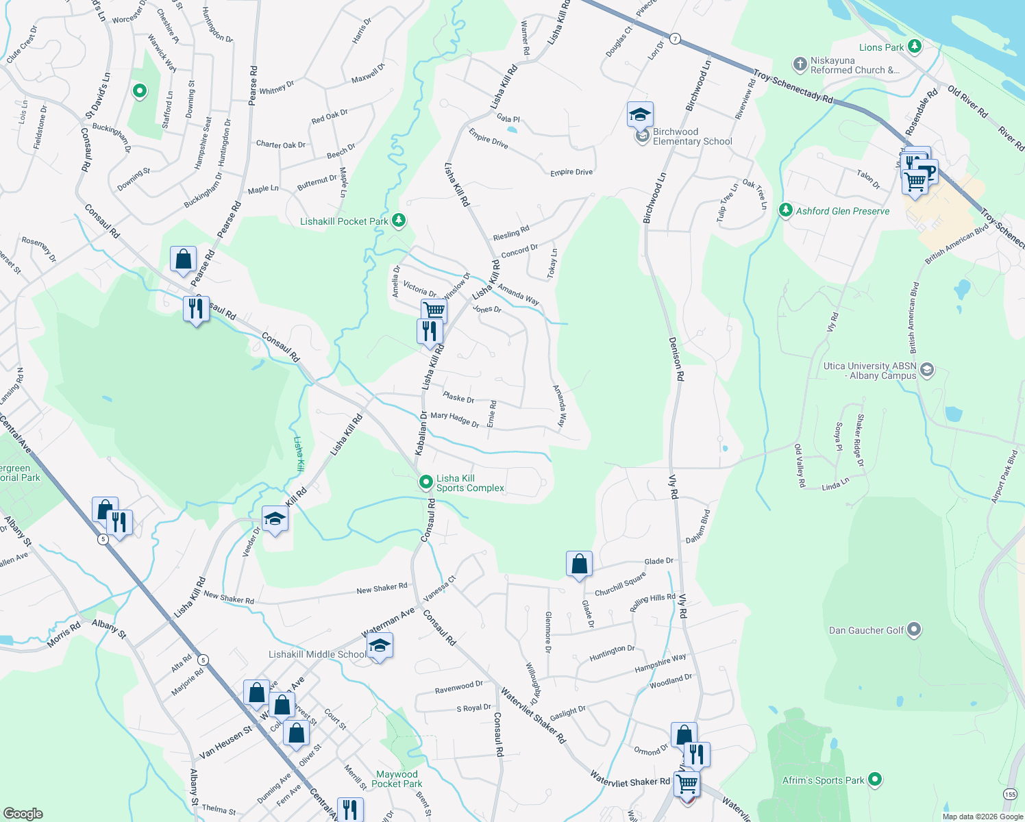 map of restaurants, bars, coffee shops, grocery stores, and more near 41 Plaske Drive in Schenectady