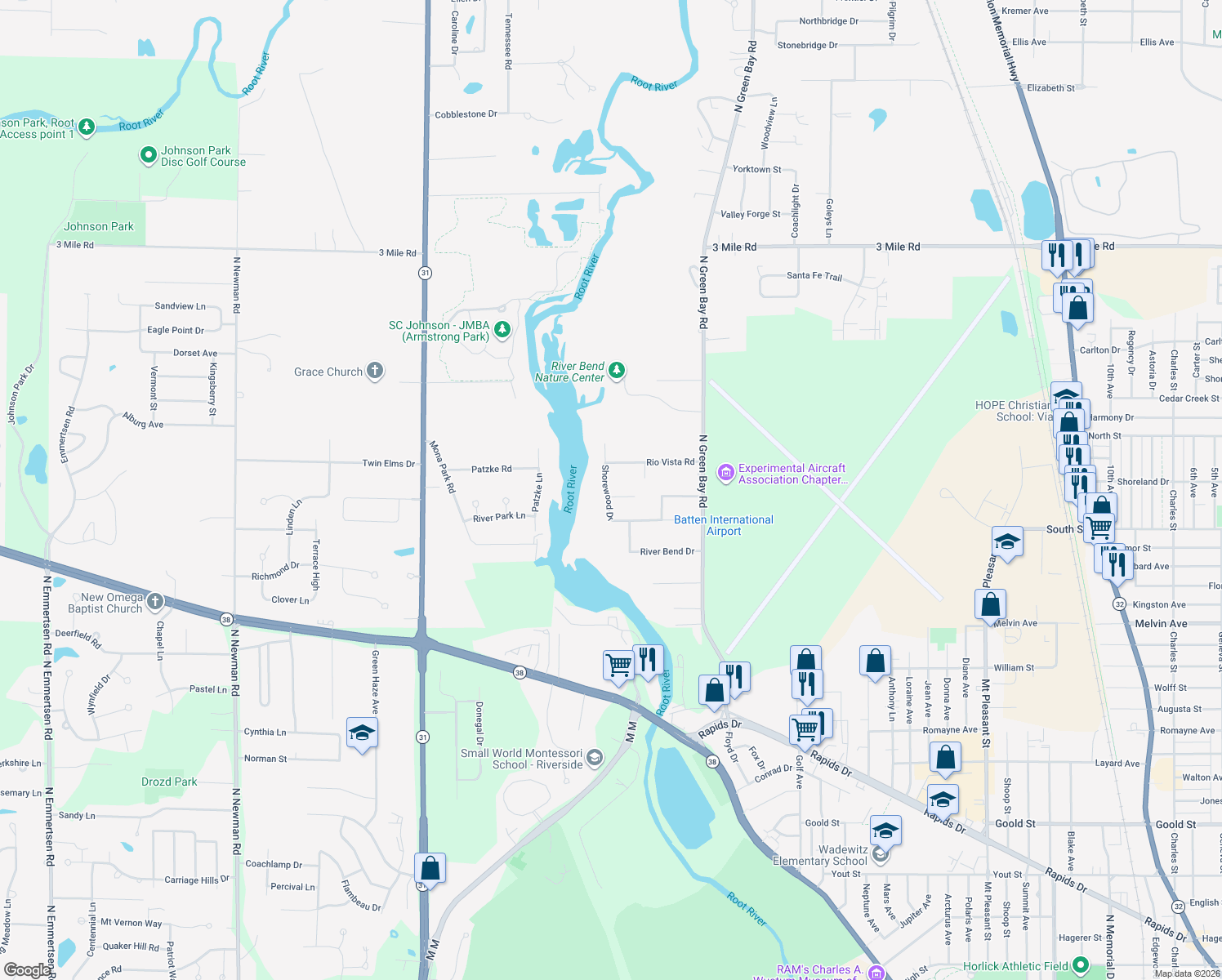 map of restaurants, bars, coffee shops, grocery stores, and more near 3339 Shorewood Dr in Racine