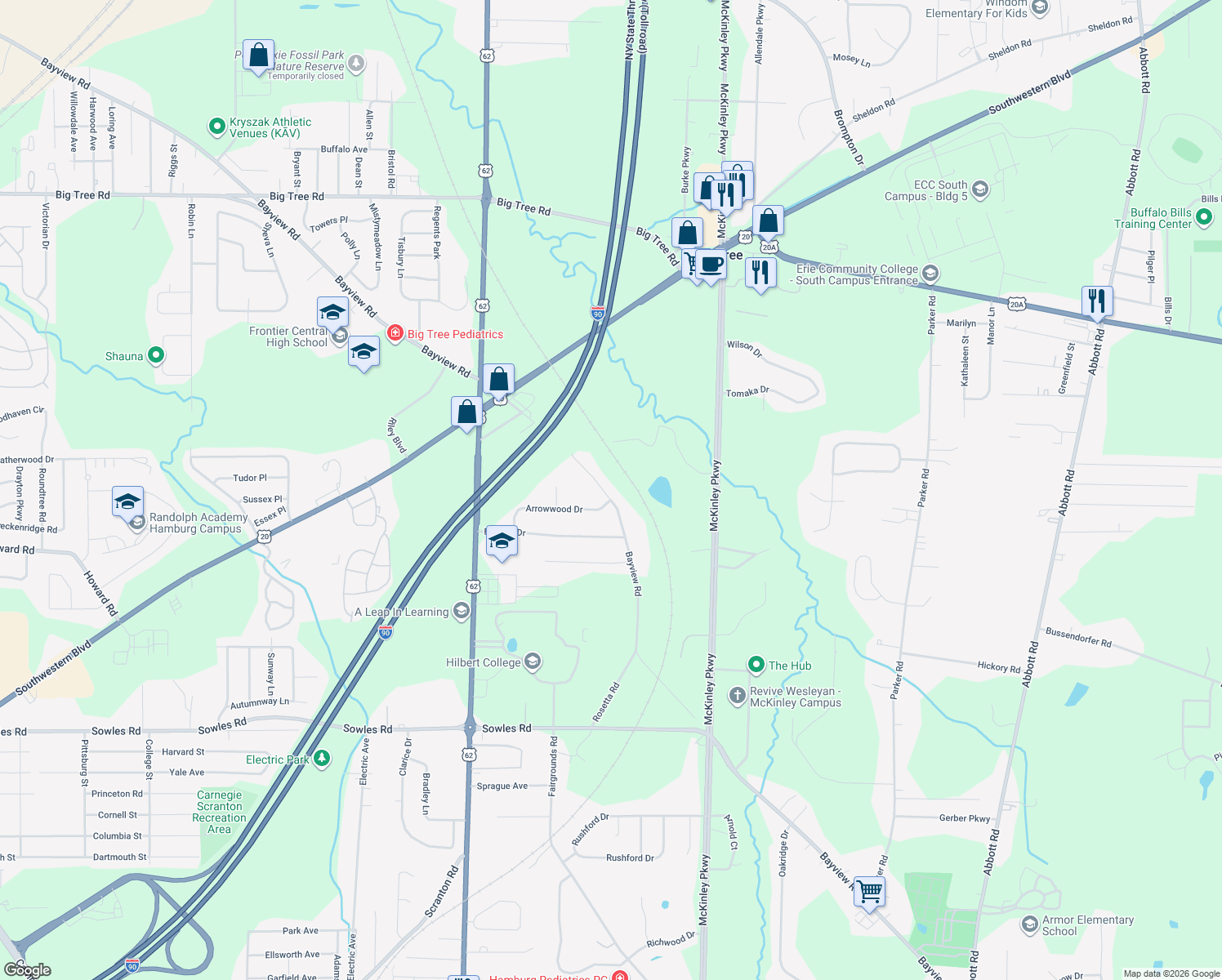 map of restaurants, bars, coffee shops, grocery stores, and more near 4755 Bayview Rd in Hamburg