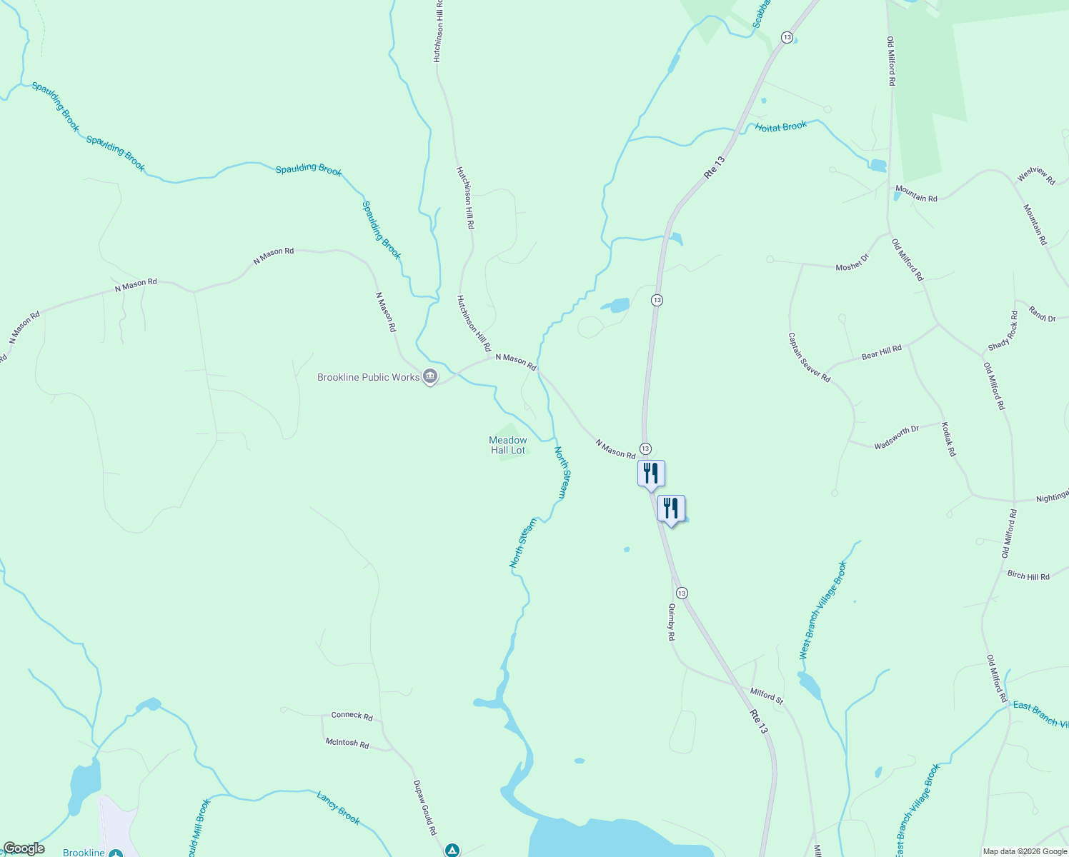 map of restaurants, bars, coffee shops, grocery stores, and more near 7 South Spaulding Brook Road in Brookline