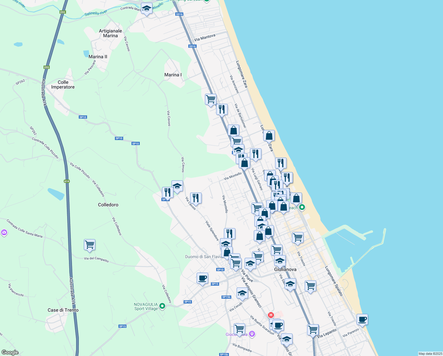 map of restaurants, bars, coffee shops, grocery stores, and more near 39 Via Montello in Giulianova